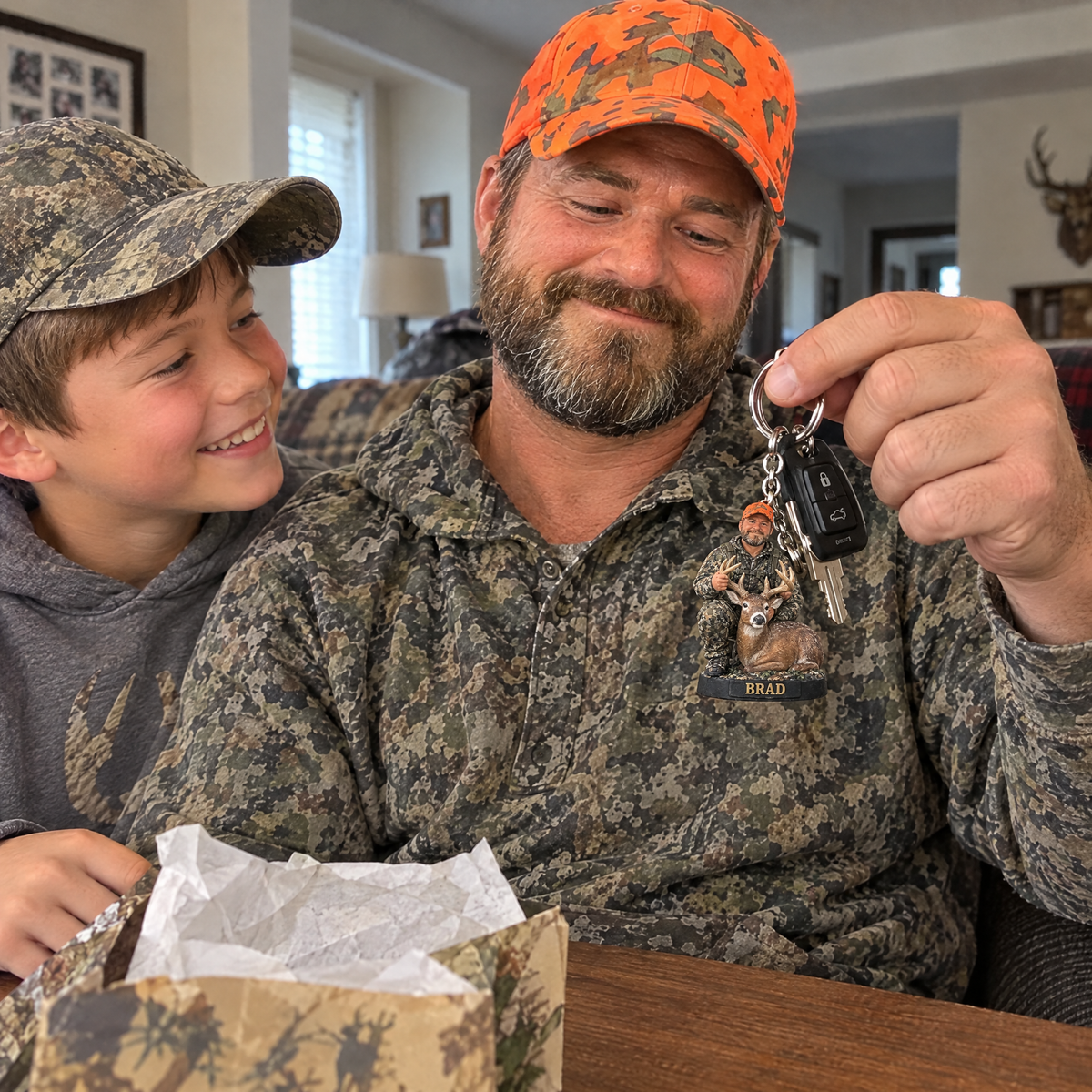 Son gives dad deer hunter keychain on Father's Day