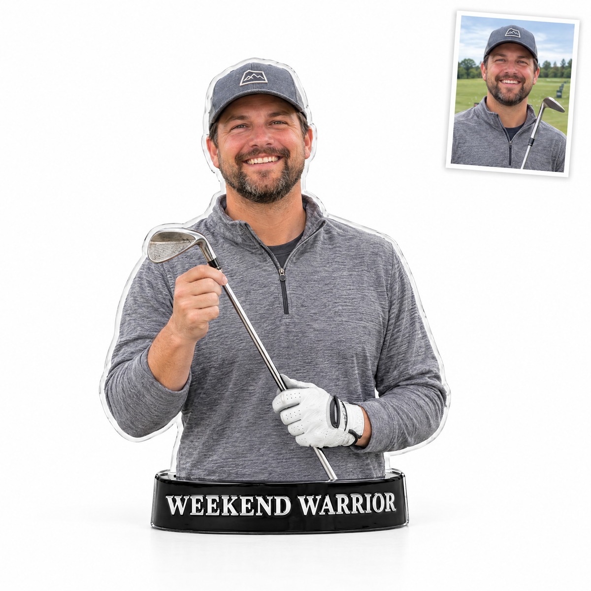 Acrylic fridge magnet: Golfer photo figurine, WEEKEND WARRIOR