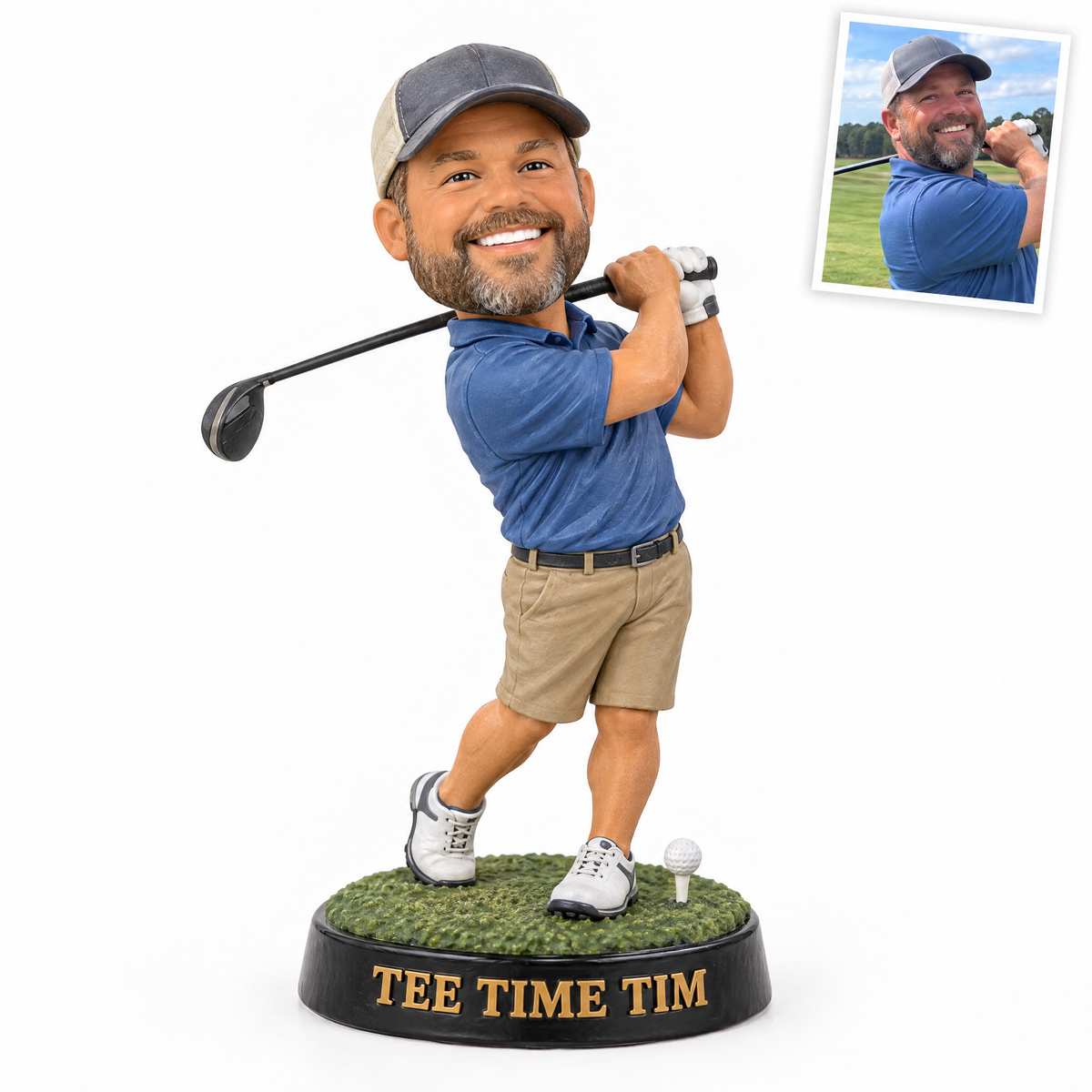 Style 1: Caricature golf figurine, TEE TIME TIM, customer photo top right