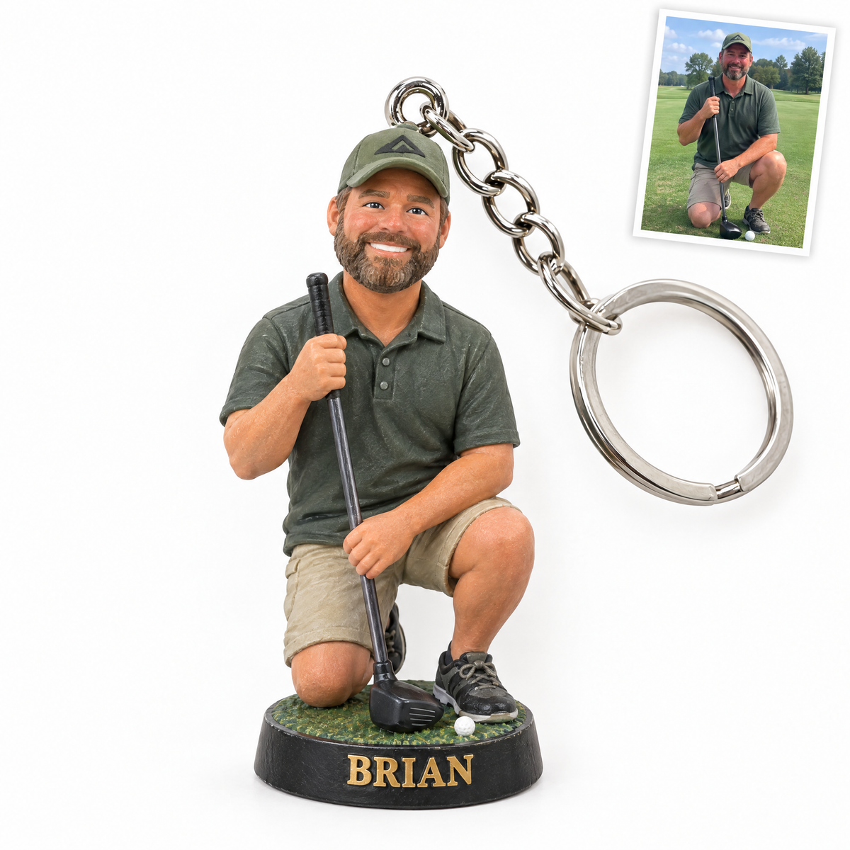 Golfer figurine keychain, BRIAN, customer photo top right