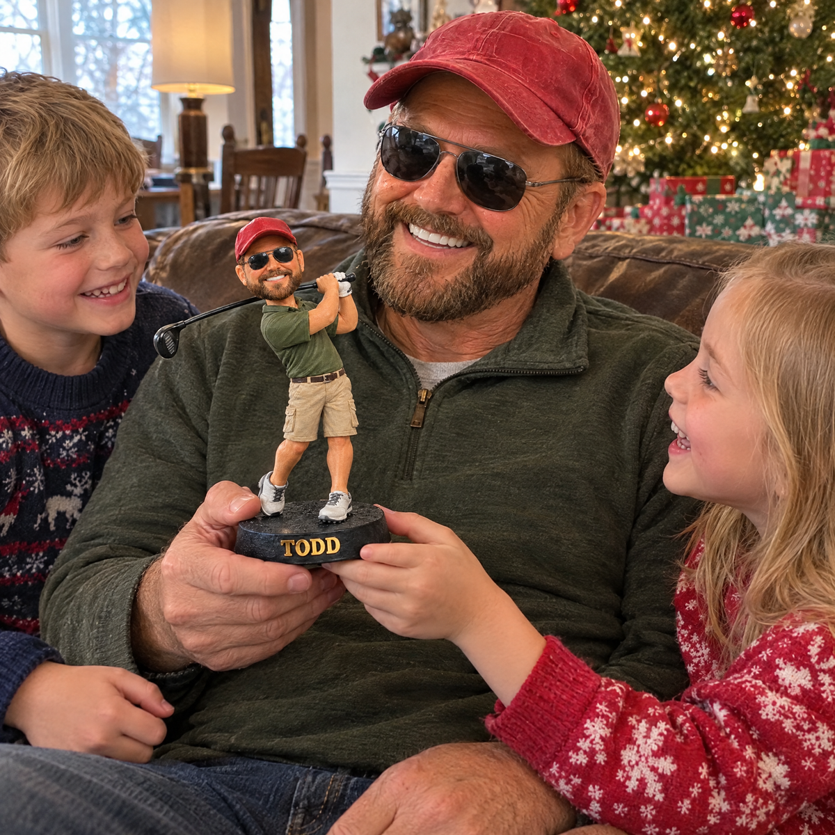 His grandkids give him the cartoon golfer figurine at Christmas
