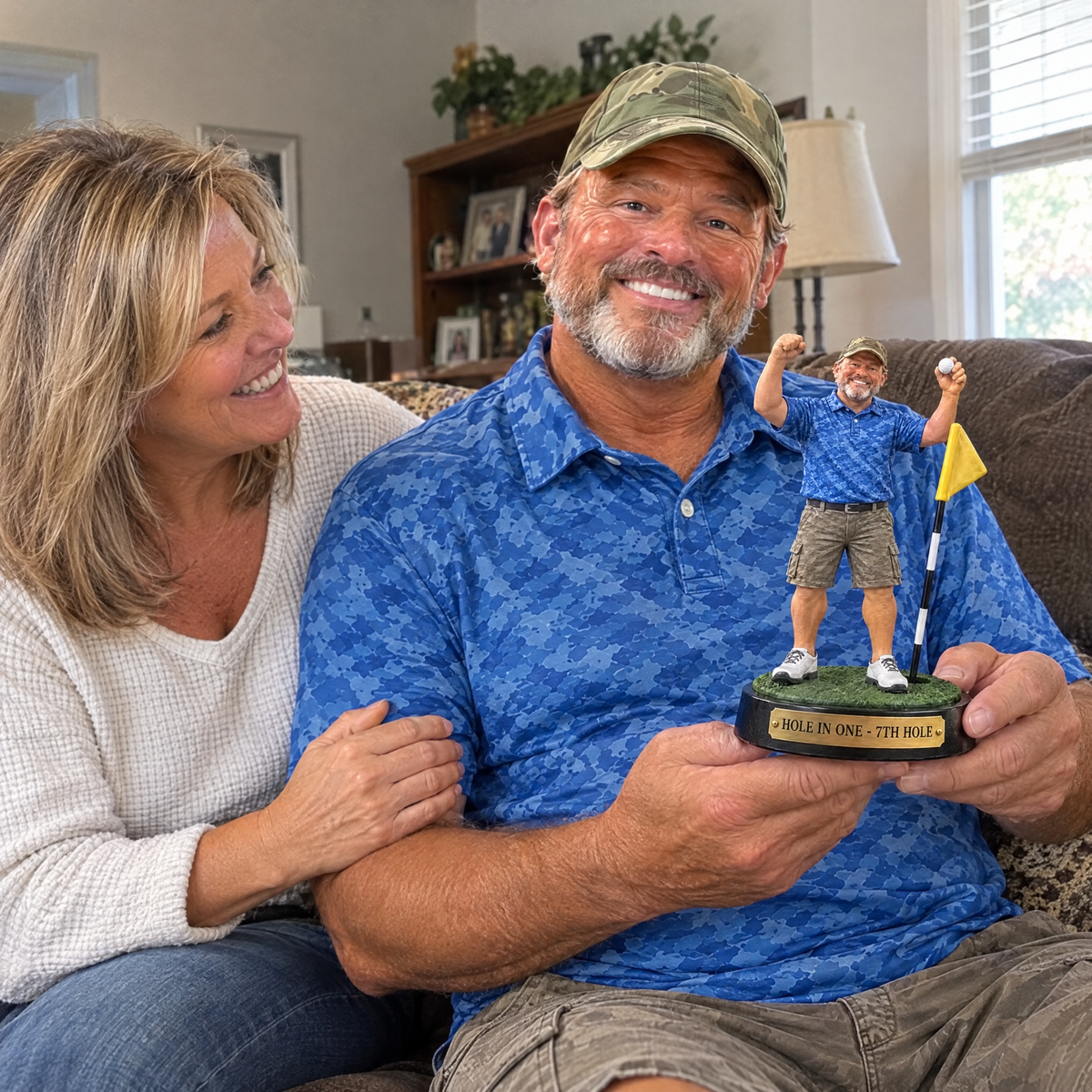 His wife gives him the hole-in-one trophy figurine at home and he shows it off