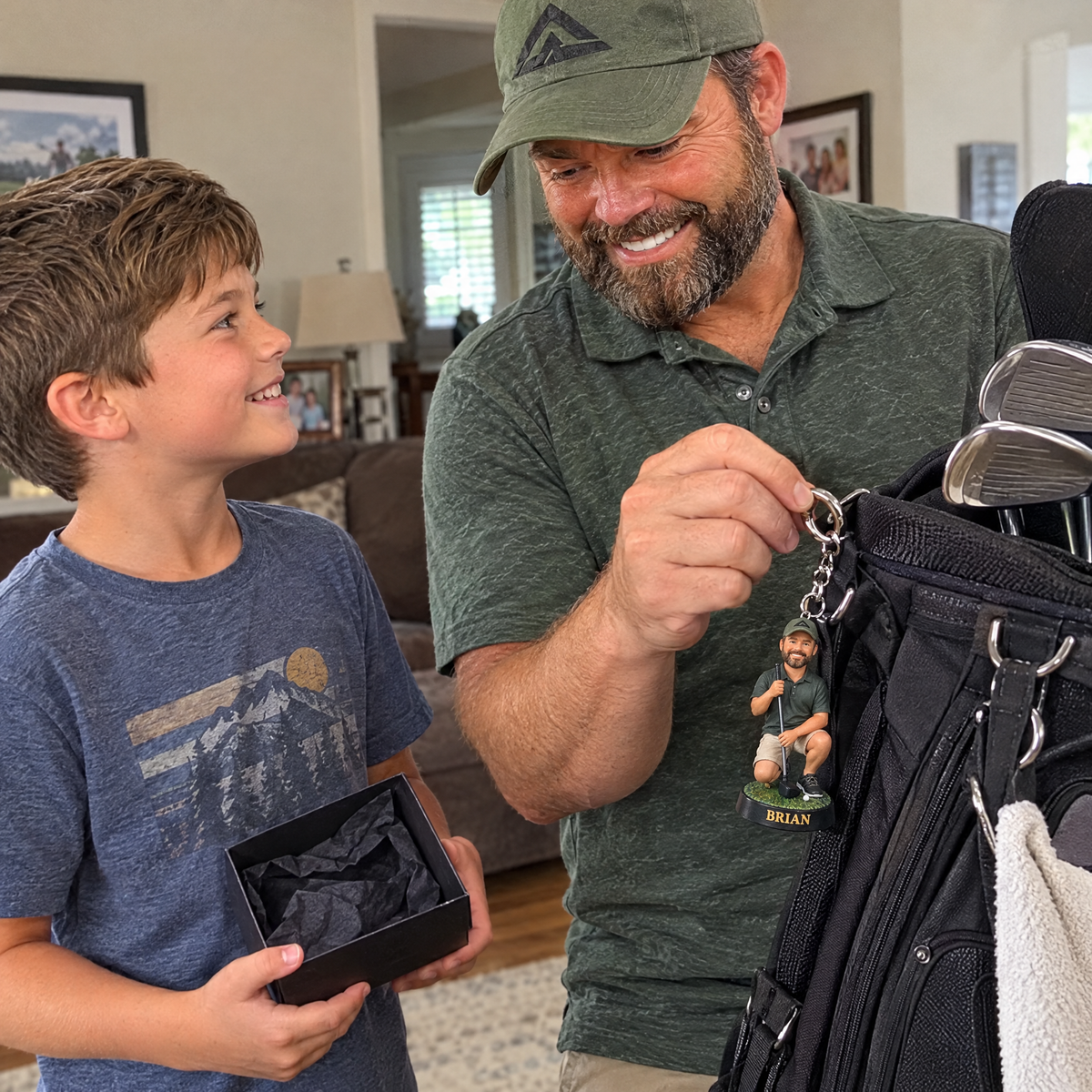 His son gives him the golfer keychain on Father's Day and he clips it to his golf bag