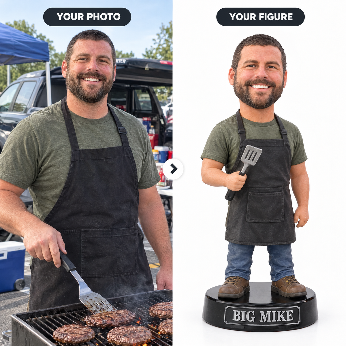 Customer photo turned into tailgate grill master figurine BIG MIKE