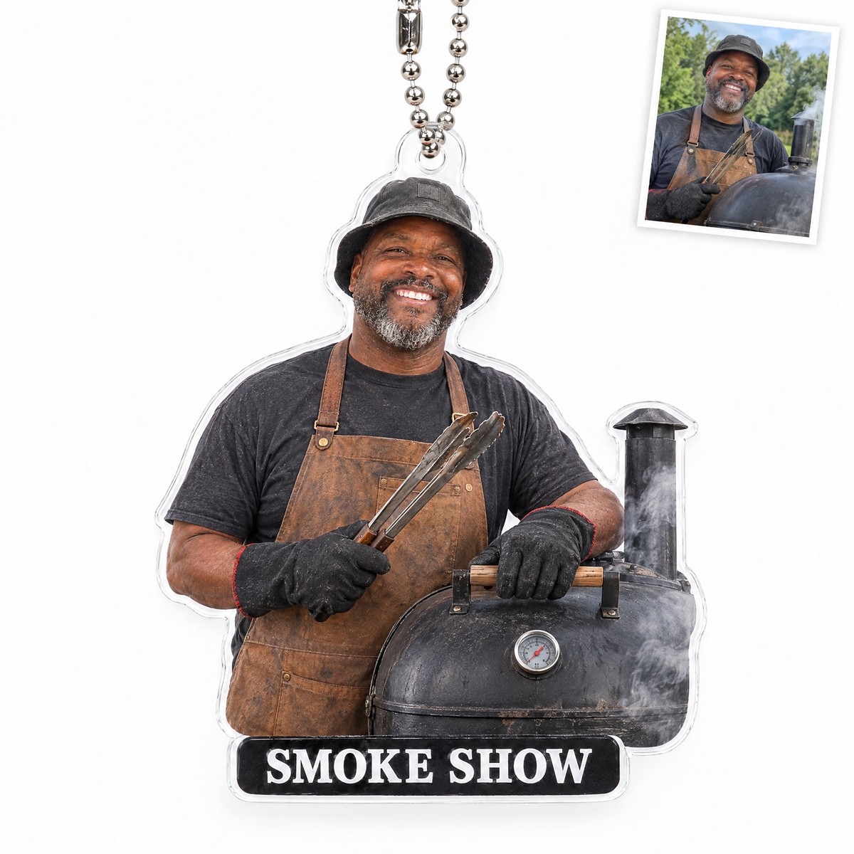 Acrylic car charm: Tailgate grill master figurine, SMOKE SHOW