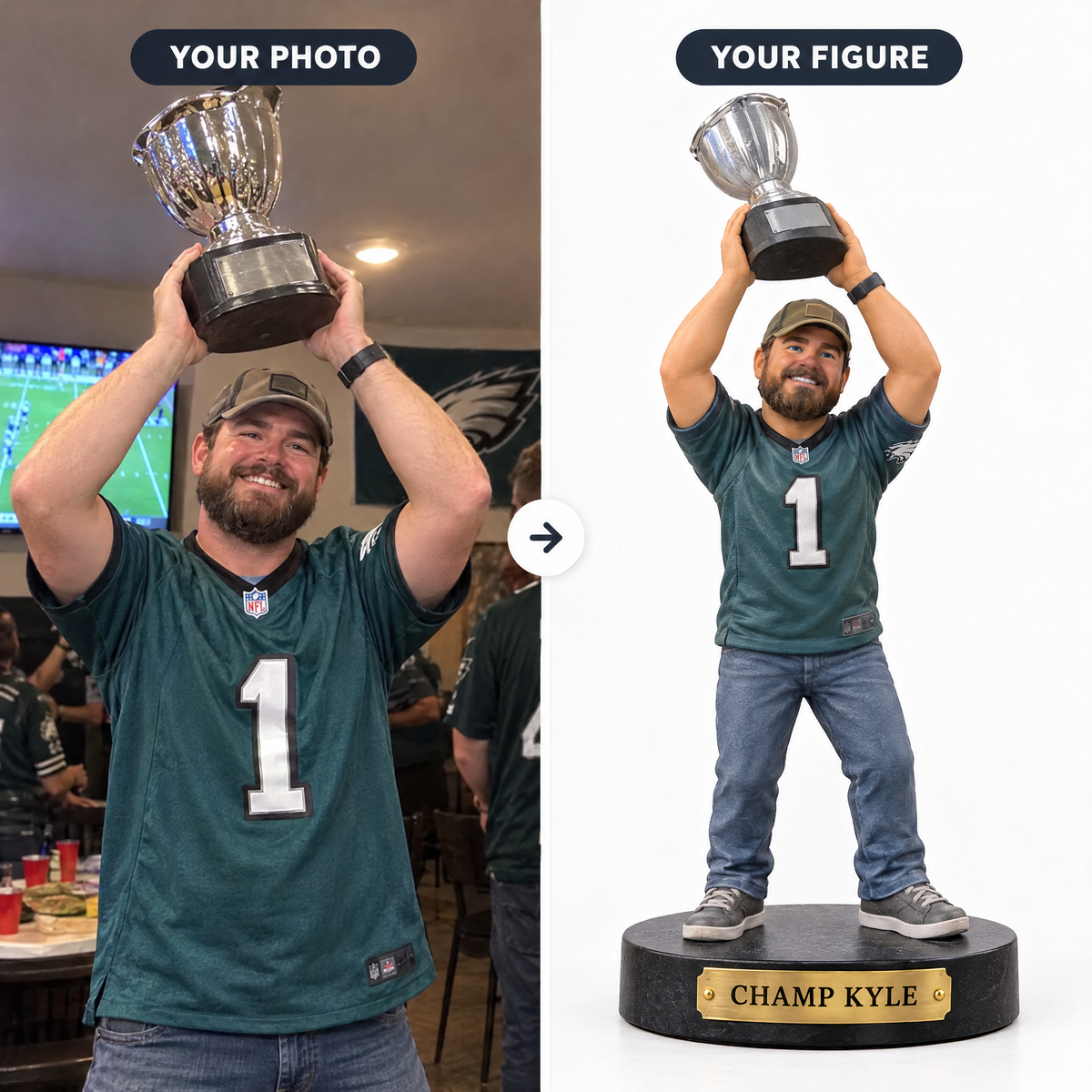 Customer photo turned into fantasy football champion trophy figurine CHAMP KYLE