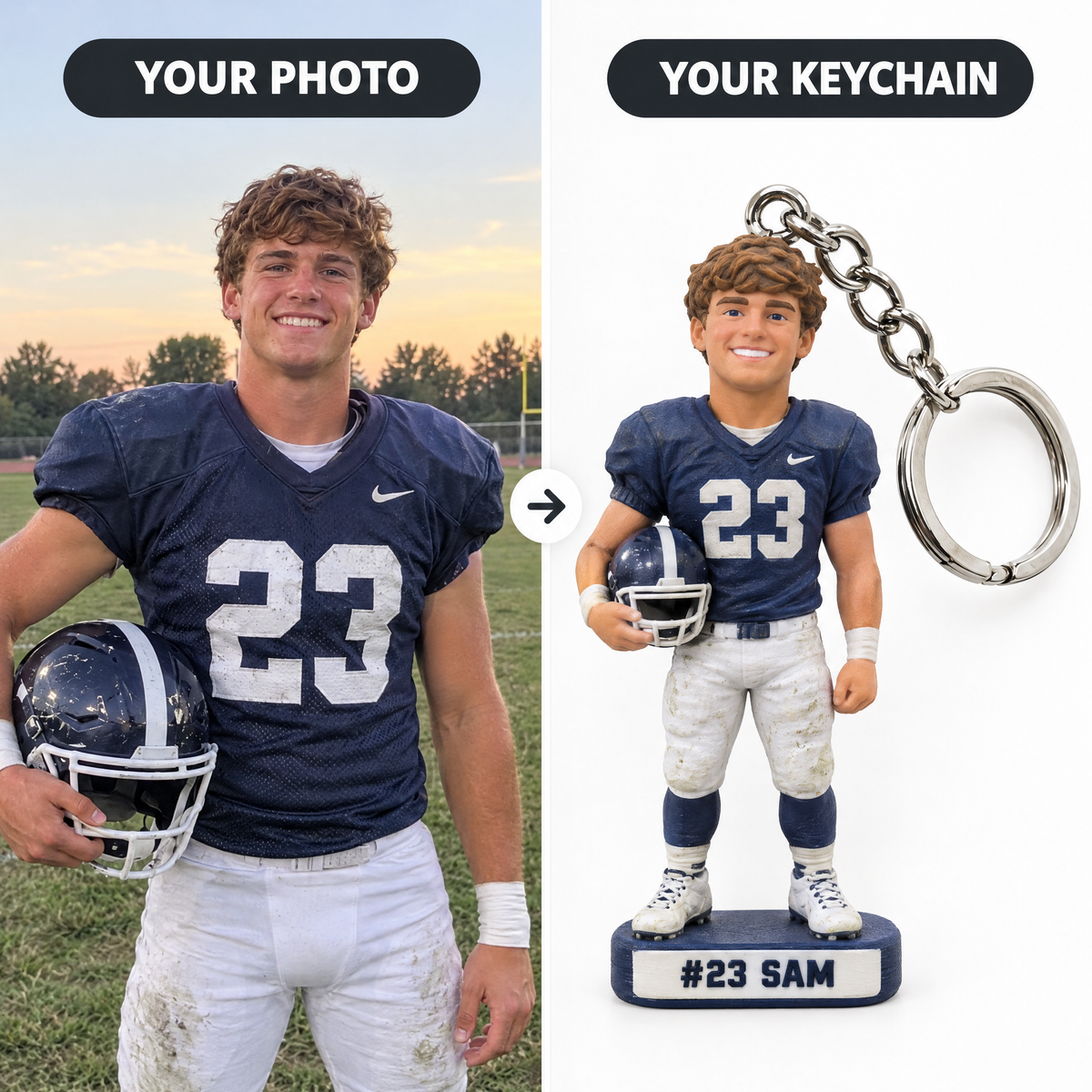 Customer photo turned into football player keychain #23 SAM