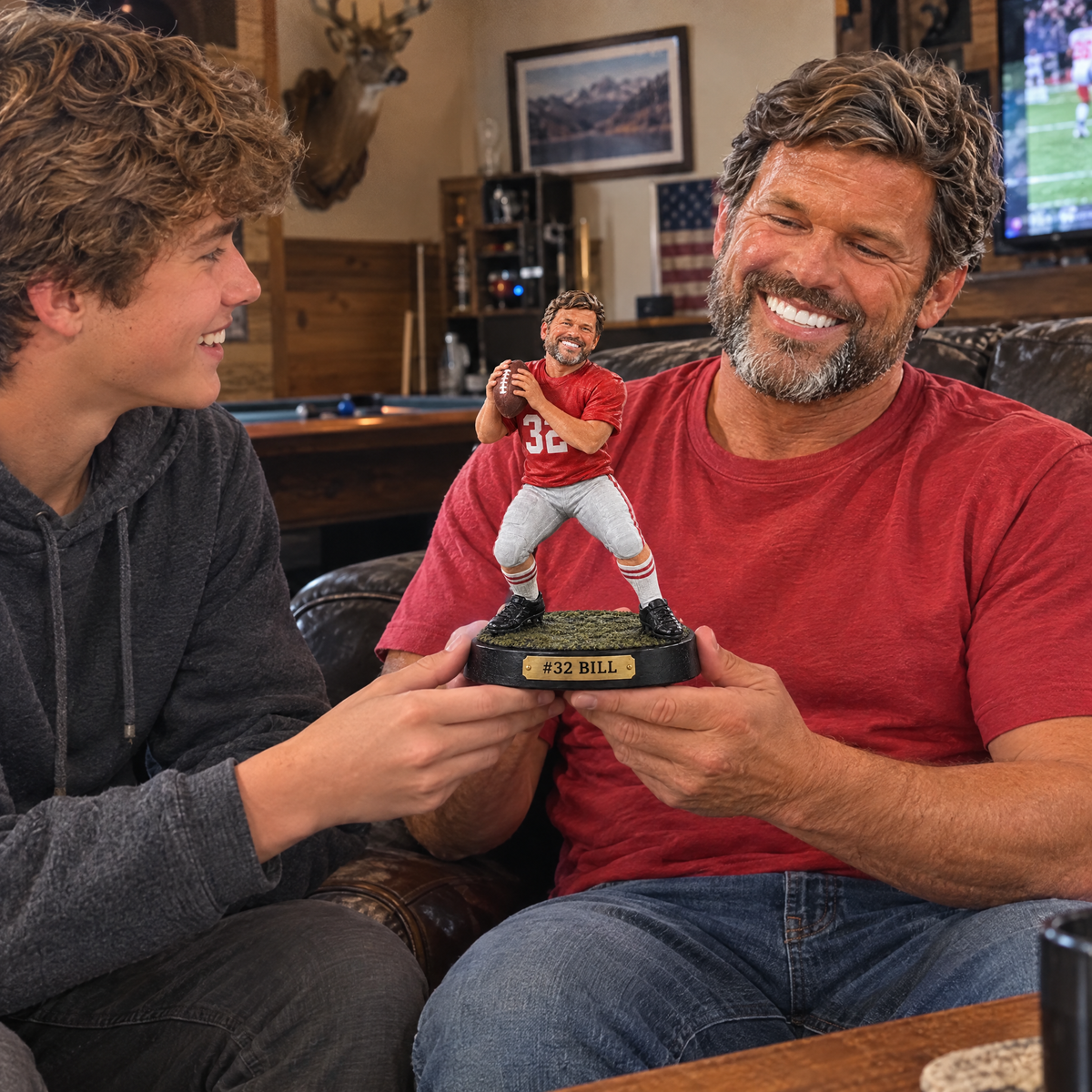 His son gives him the realistic football figurine in the man cave