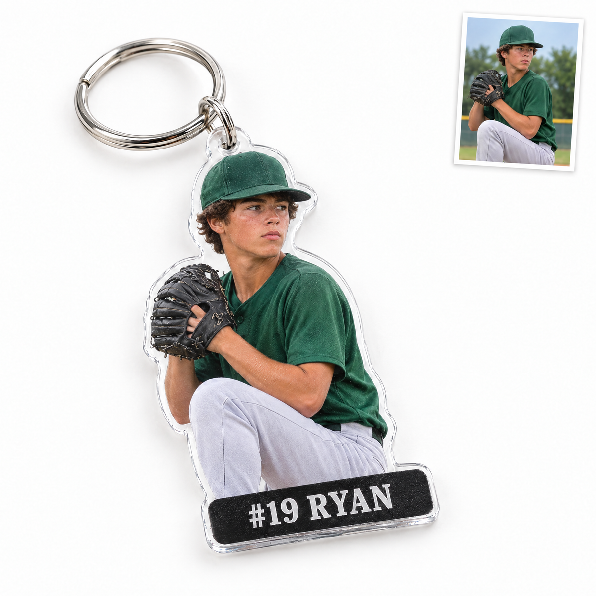 Acrylic keychain: Baseball pitcher photo figurine, #19 RYAN