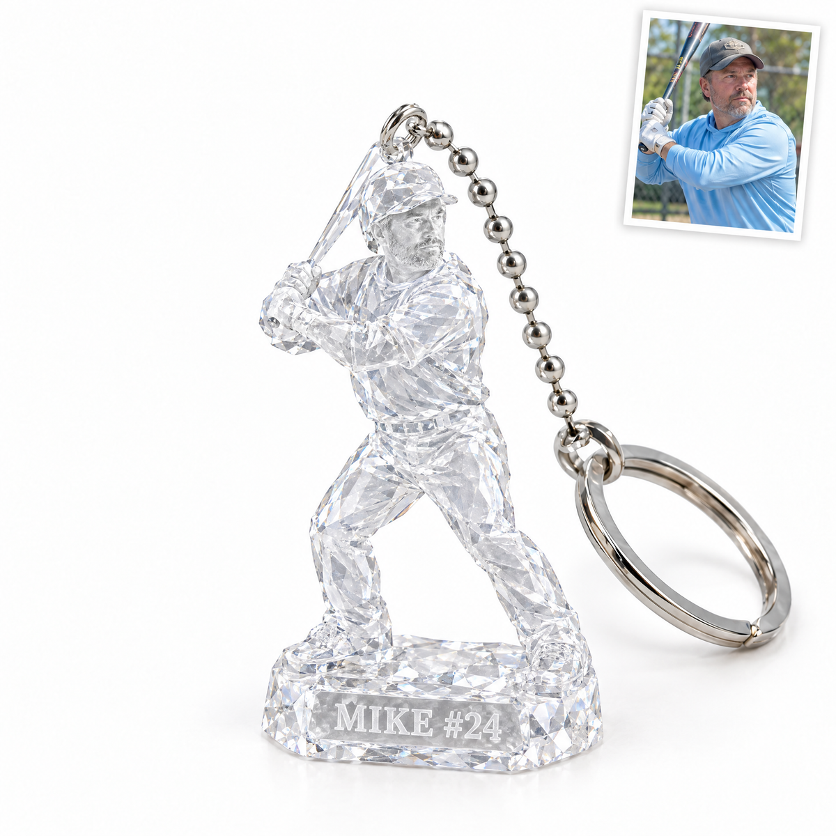 Crystal-style baseball keychain, MIKE #24, customer photo top right