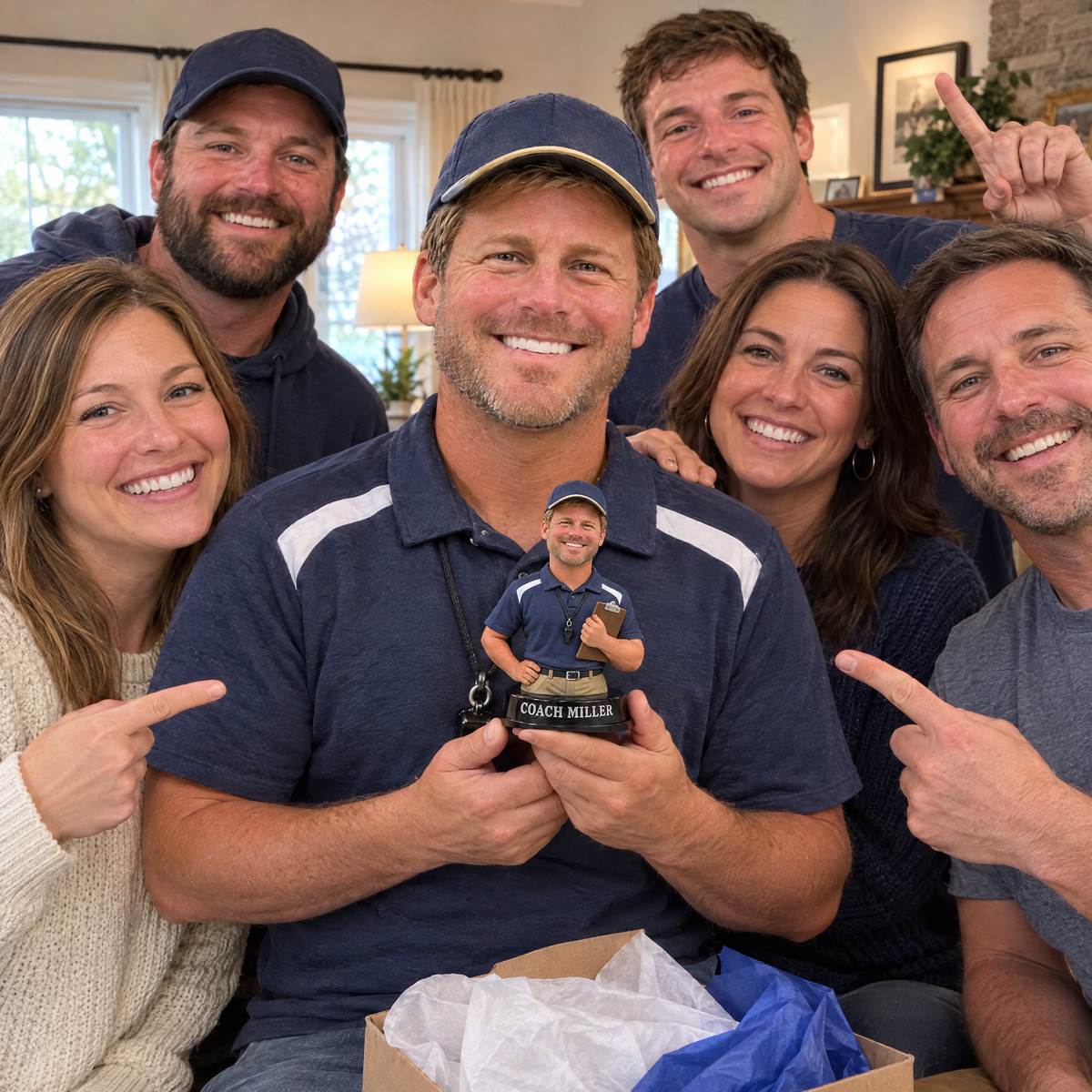 The team presents the baseball coach figurine at the end-of-season party