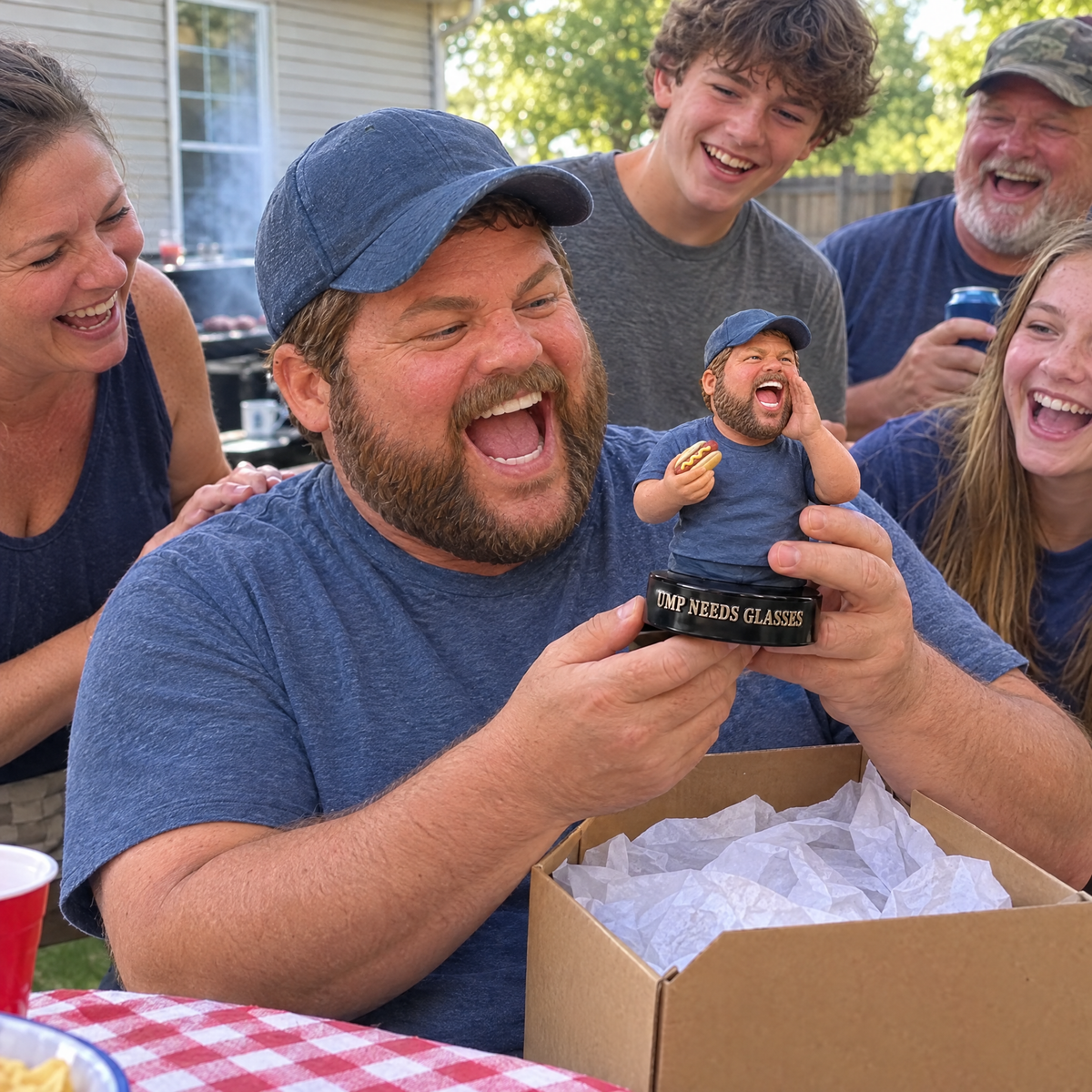 His family laughs as he unwraps the funny baseball dad figurine at a cookout