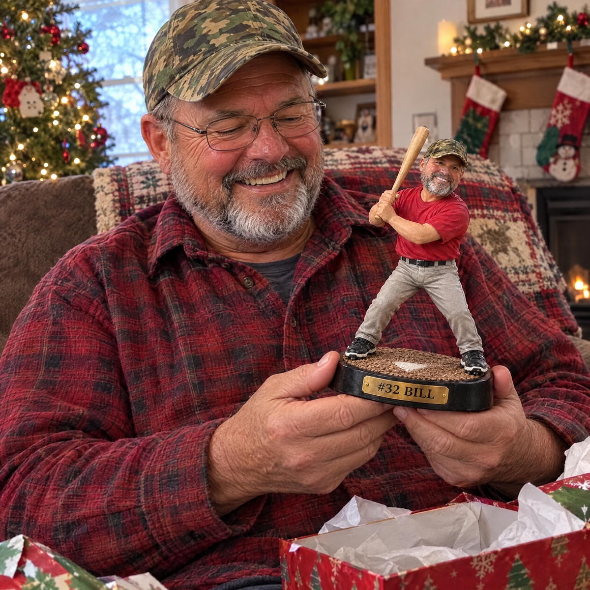 Grandpa opens the realistic baseball figurine at Christmas