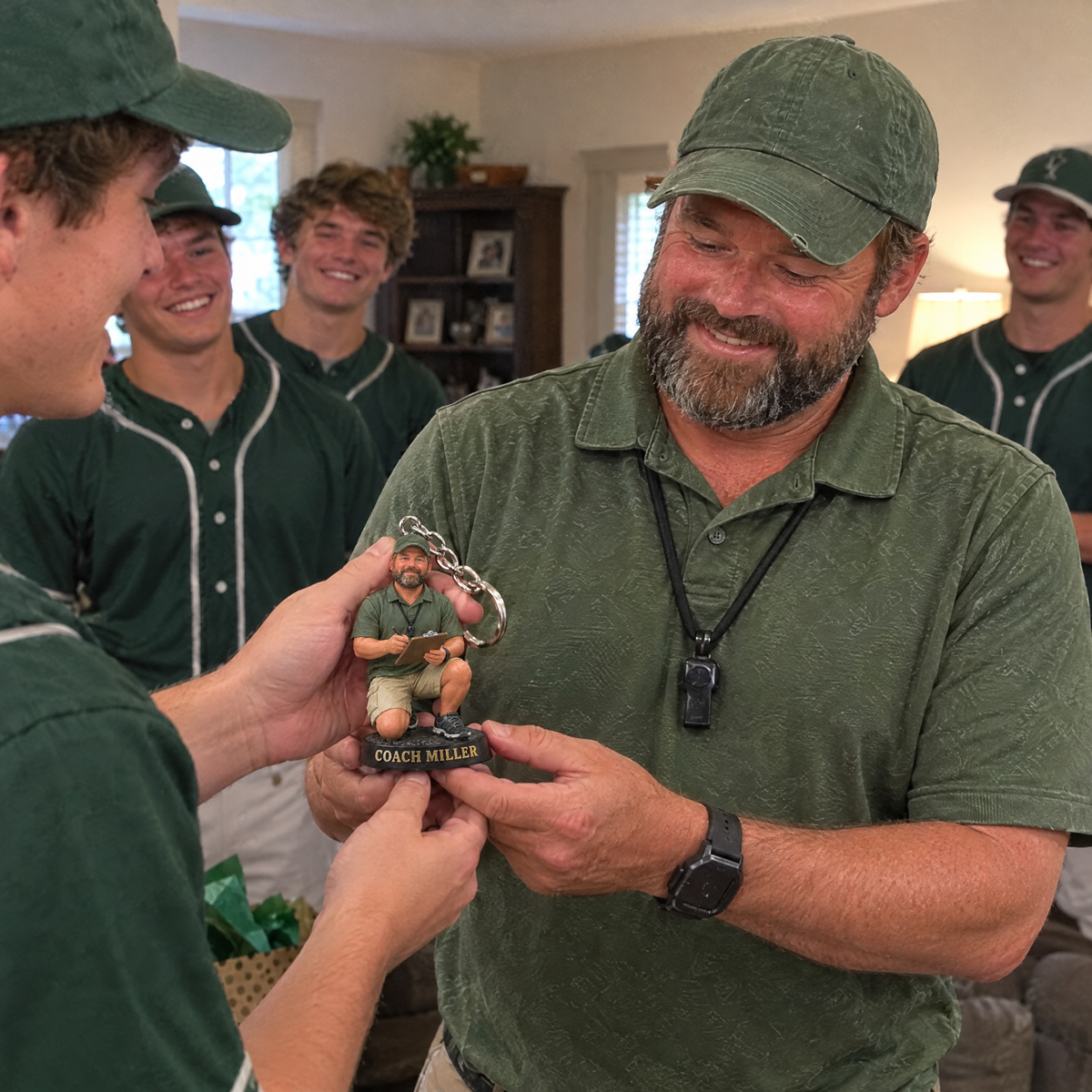 The team gives the baseball coach keychain to their coach at the party