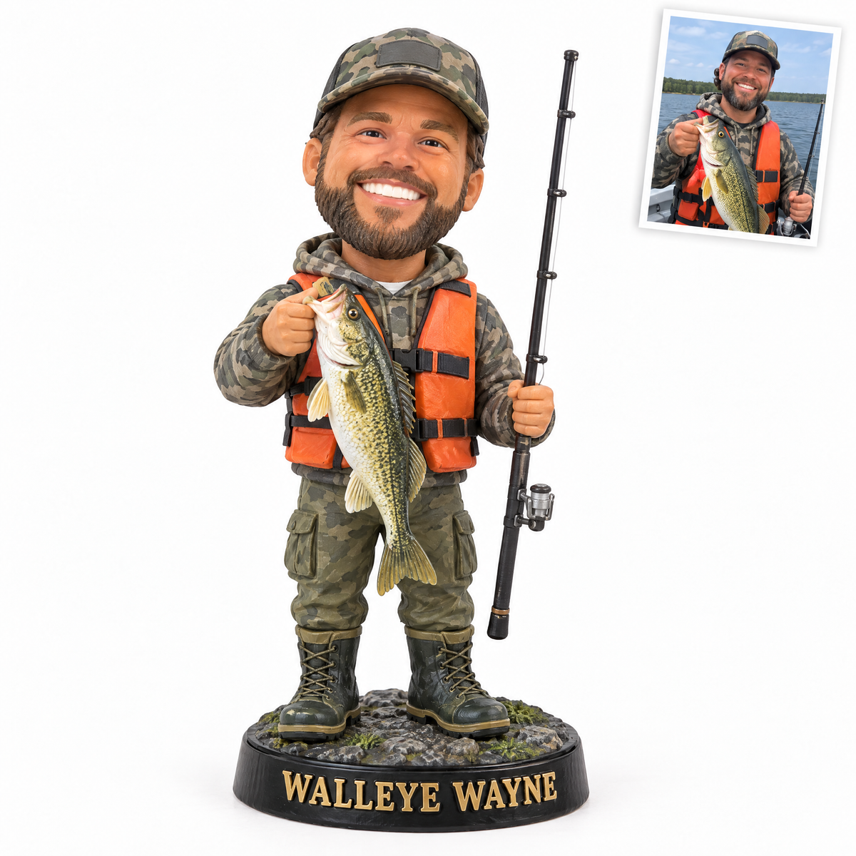 Caricature fishing figurine style 7, walleye angler WALLEYE WAYNE, original customer photo top right
