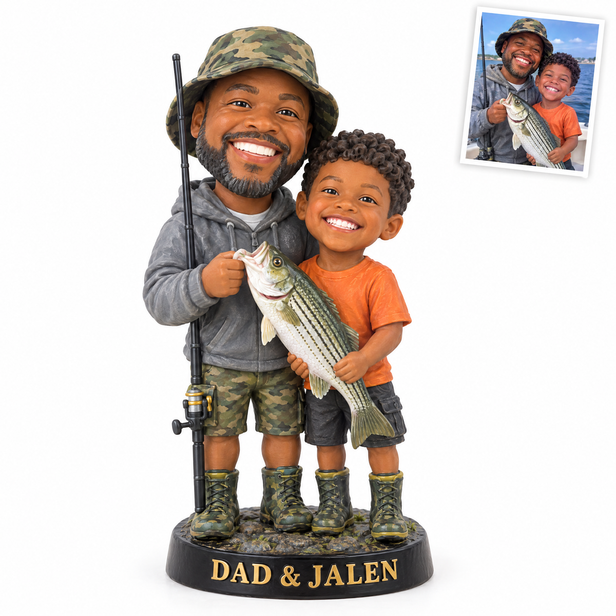 Father and son caricature figurine with striped bass, DAD & JALEN