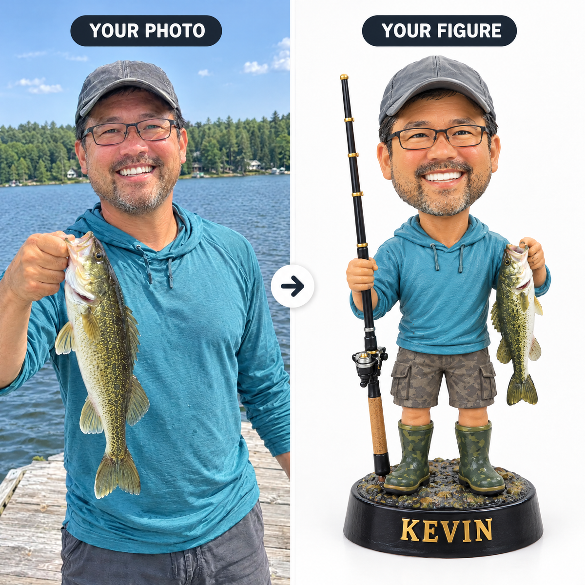 Customer fishing photo turned into caricature figurine KEVIN