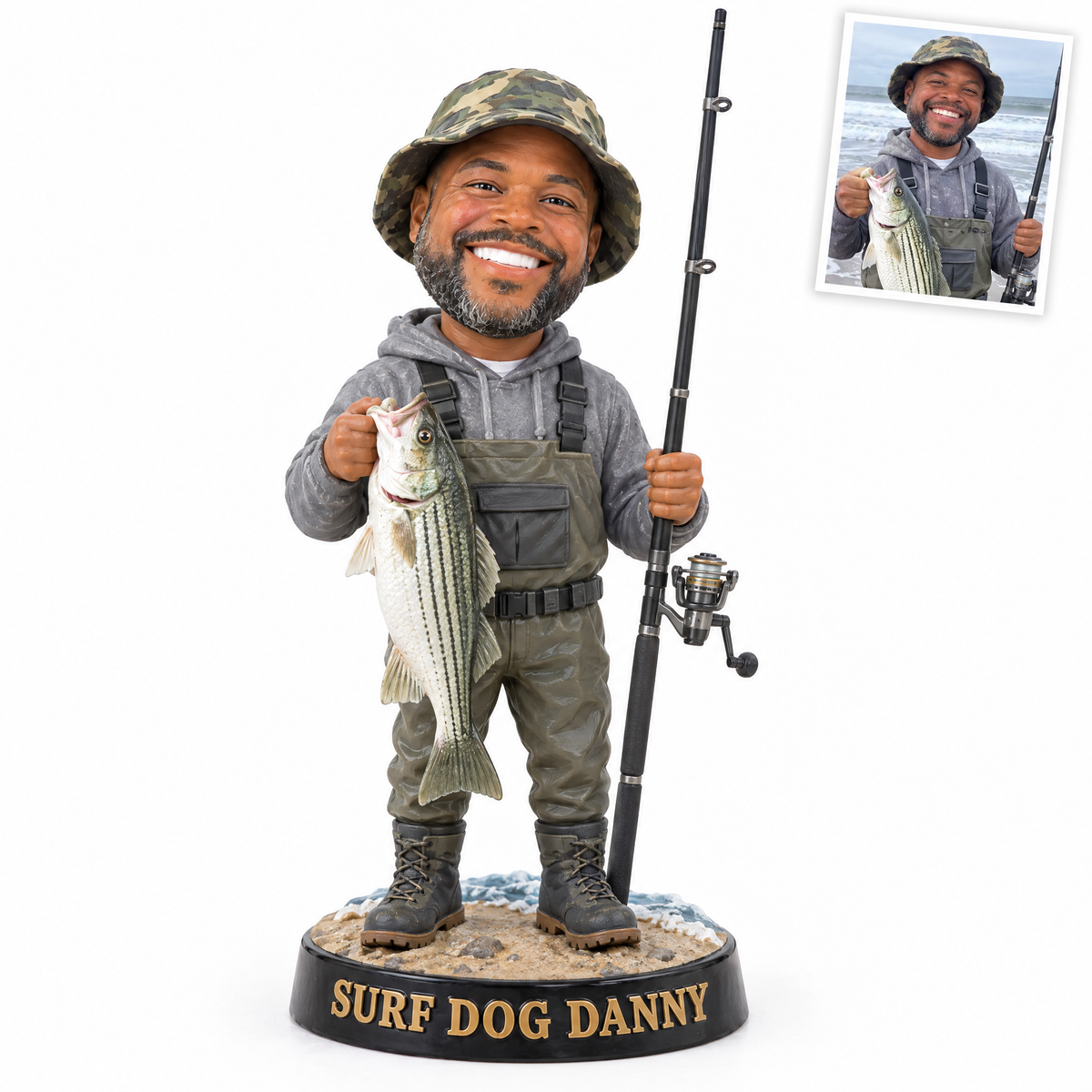 Caricature fishing figurine style 9, surf fisherman with striped bass SURF DOG DANNY, original customer photo top right
