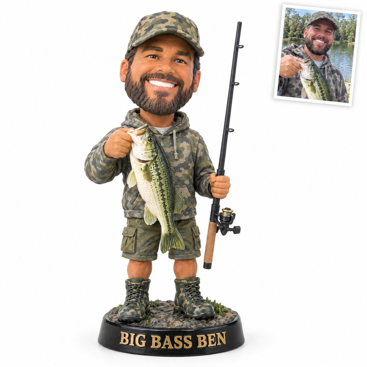 Caricature fishing figurine style 10, bass angler BIG BASS BEN, original customer photo top right