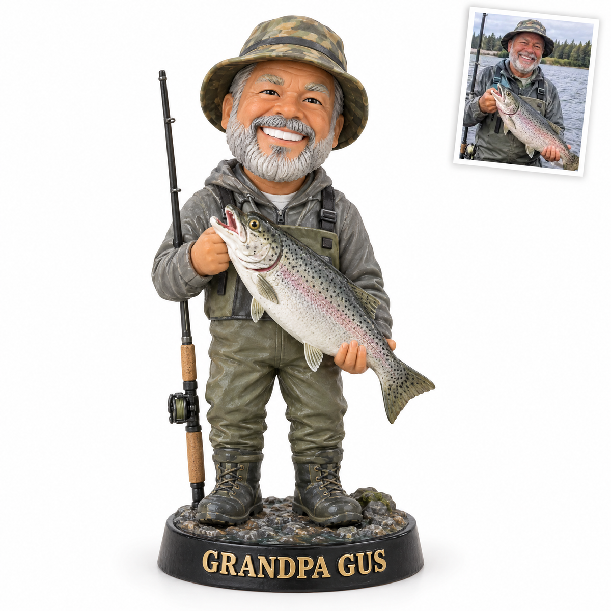 Caricature fishing figurine style 14, grandpa with king salmon GRANDPA GUS, original customer photo top right