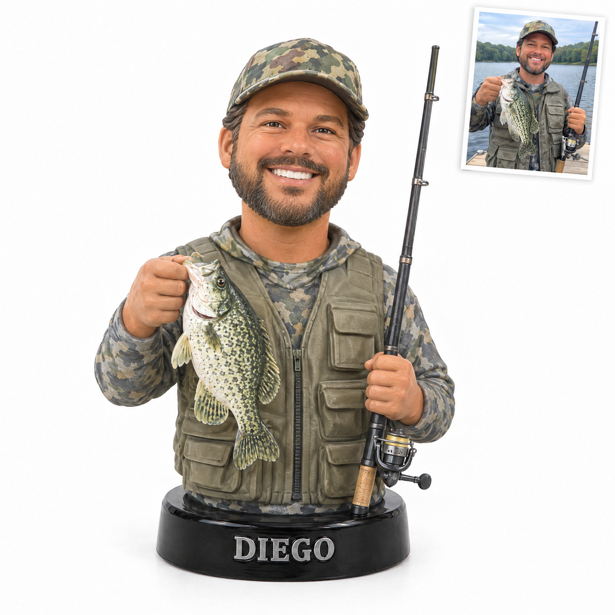 Fishing hobby bust figurine with crappie and rod, name DIEGO