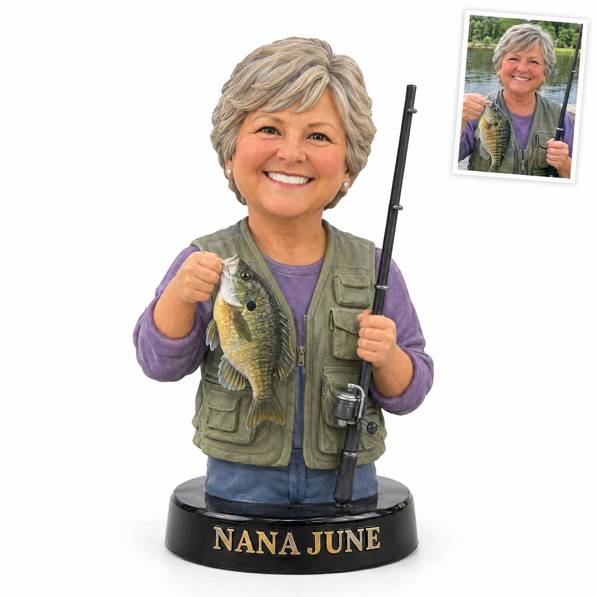 Grandma angler bust figurine with bluegill, name NANA JUNE