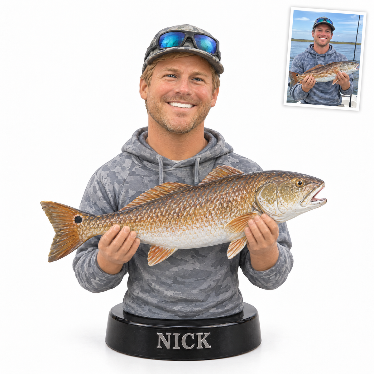Fishing enthusiast bust figurine with redfish, name NICK