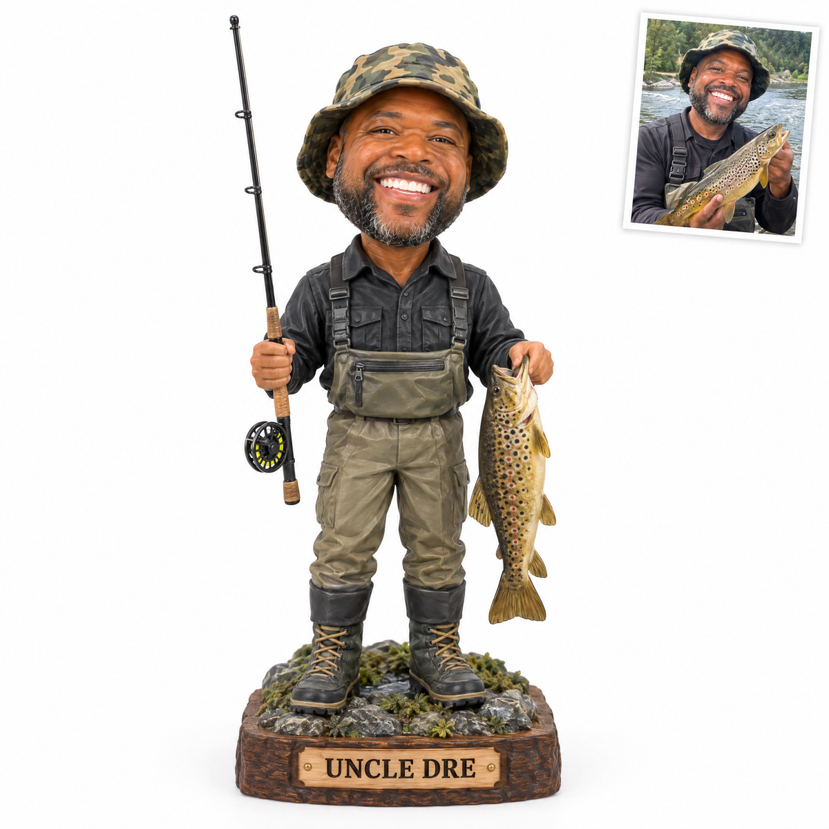 Fly fisherman with brown trout figurine, name UNCLE DRE