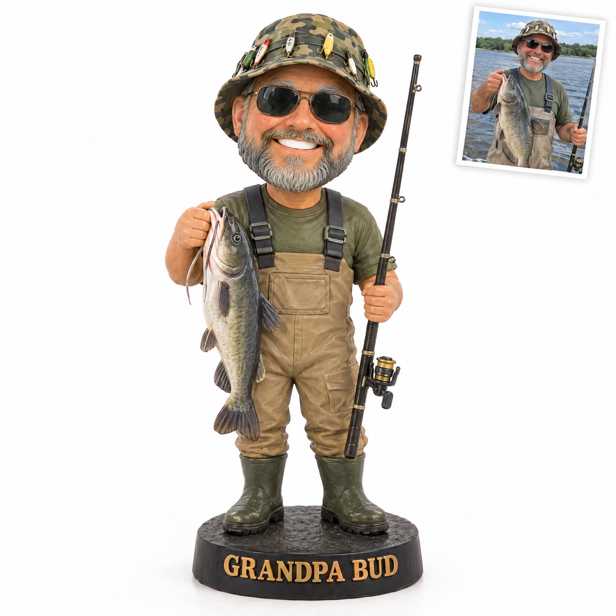 Cartoon grandpa figurine with lure hat and catfish, GRANDPA BUD