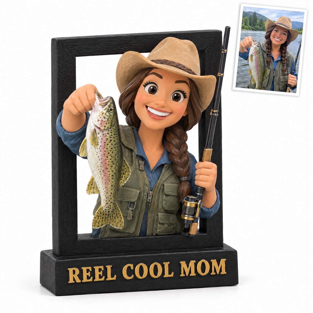 Cartoon mom portrait sign with trout, REEL COOL MOM