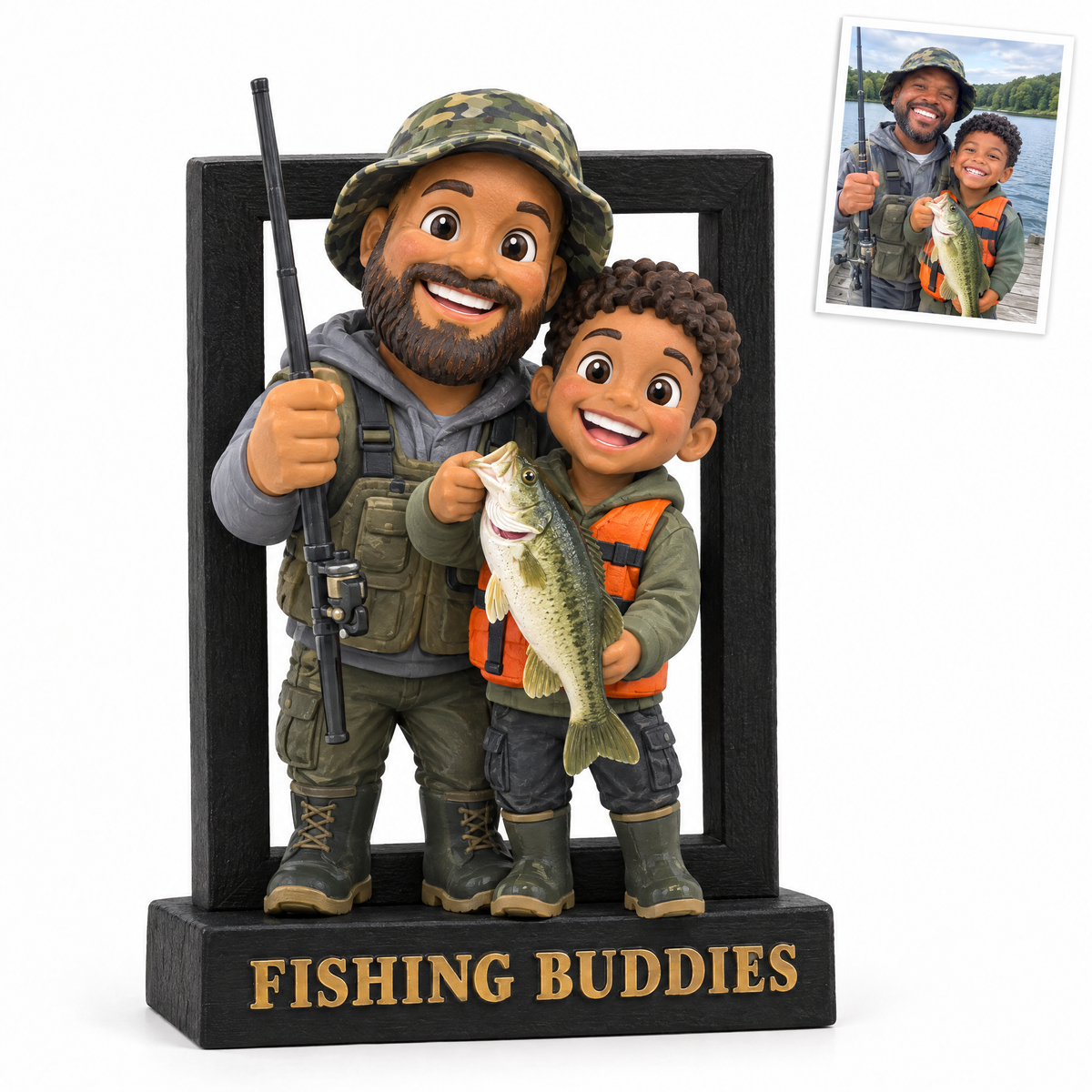 Cartoon father and son portrait sign with fish, FISHING BUDDIES