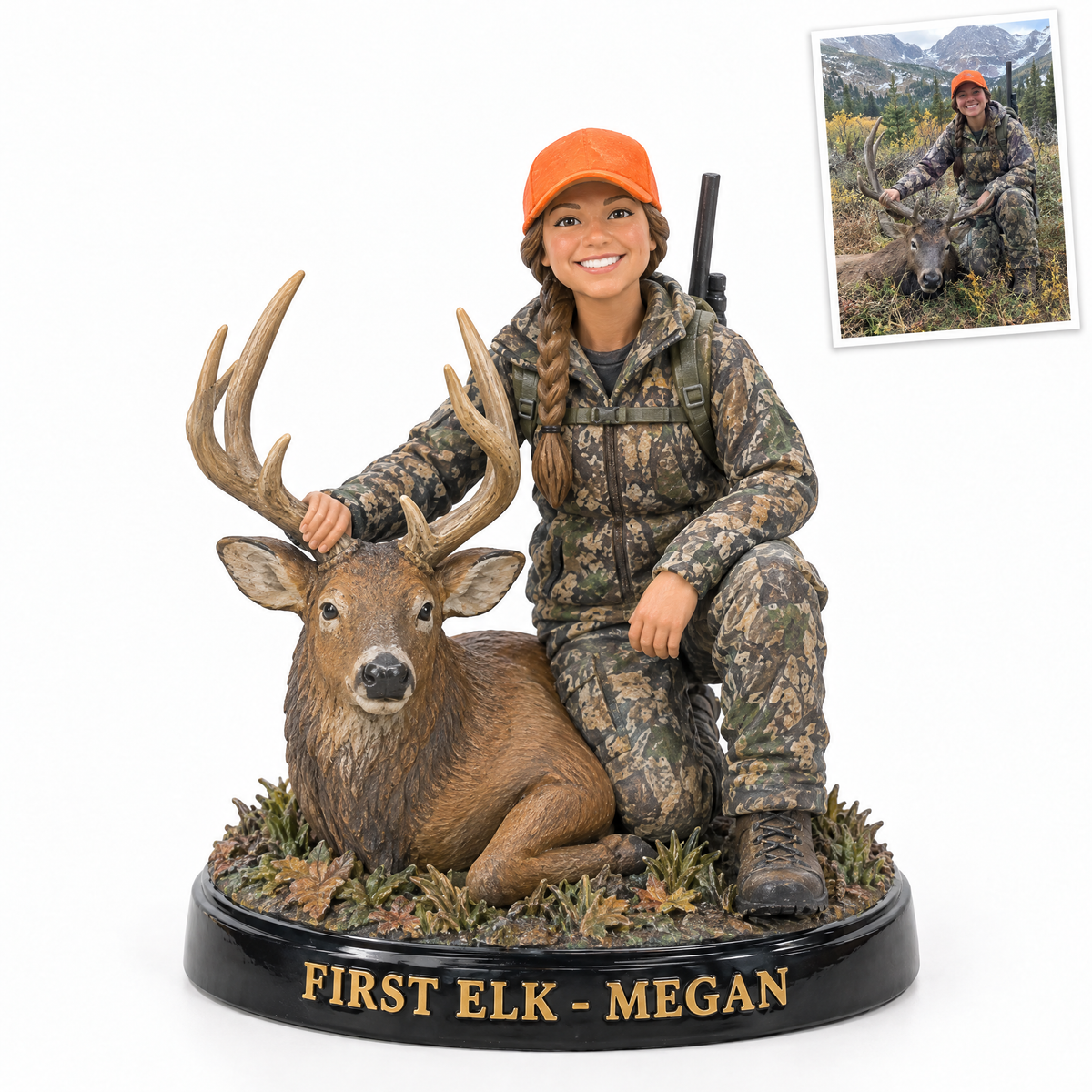 Woman hunter figurine with bull elk, FIRST ELK - MEGAN
