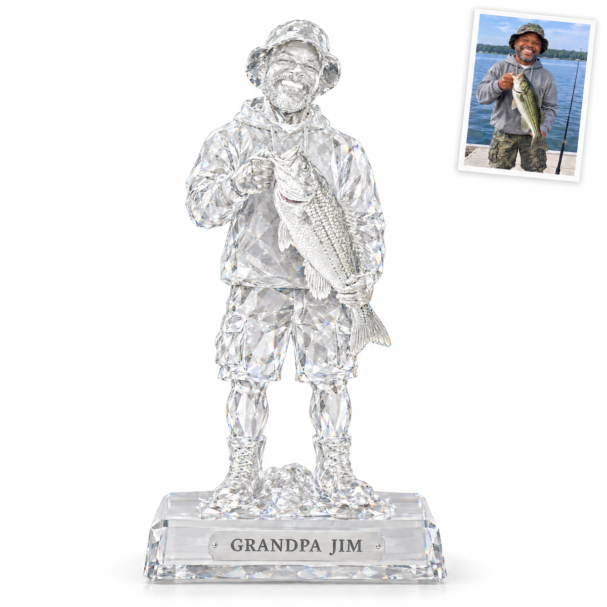 Crystal statue of grandpa with bass, GRANDPA JIM plate