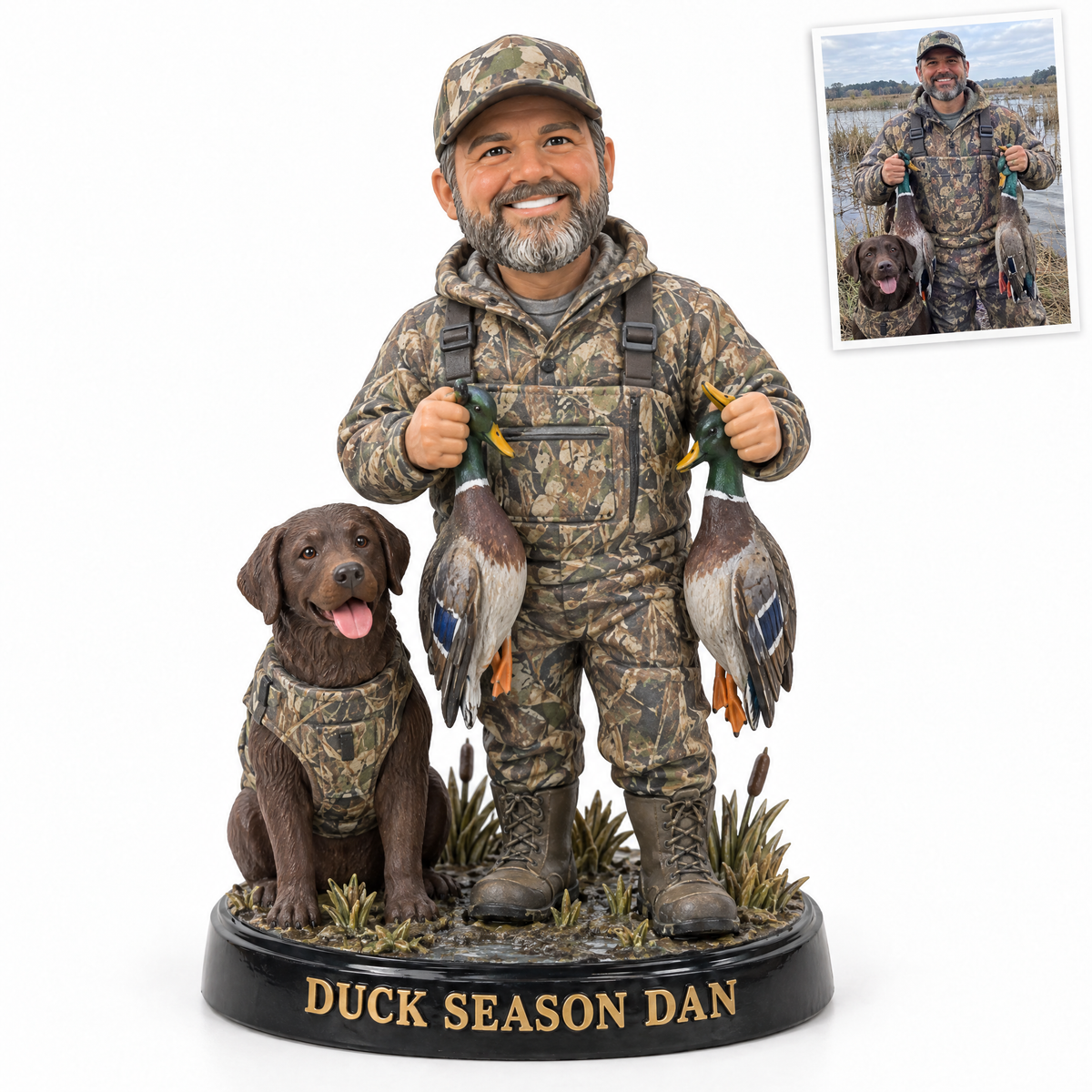 Duck hunter figurine with mallards and Lab, DUCK SEASON DAN