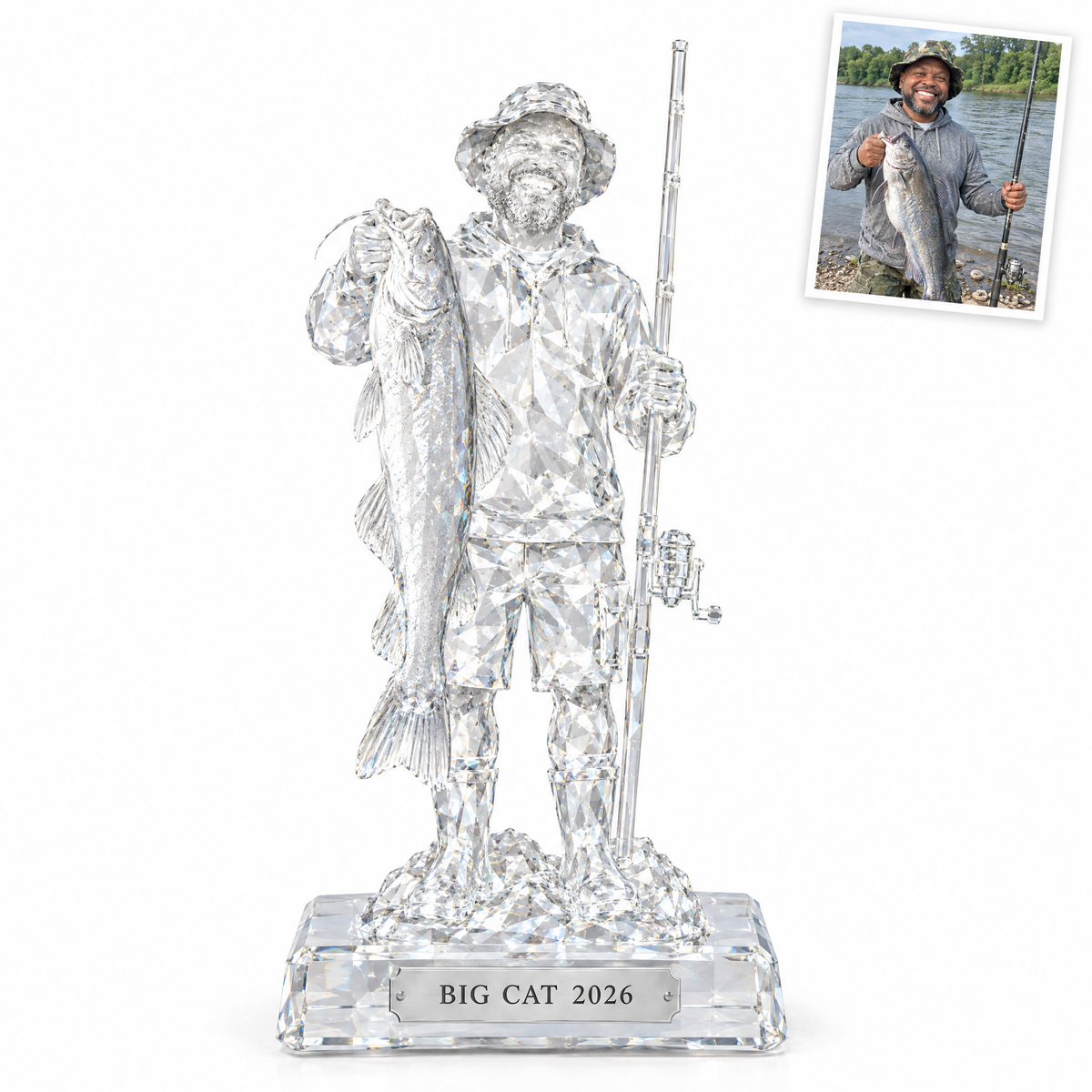 Crystal statue of bearded angler with catfish, BIG CAT 2026 plate