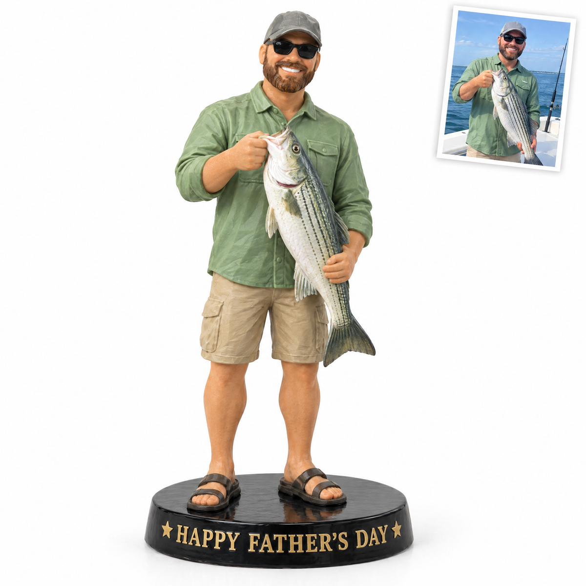 Dad figurine holding striped bass, HAPPY FATHER'S DAY