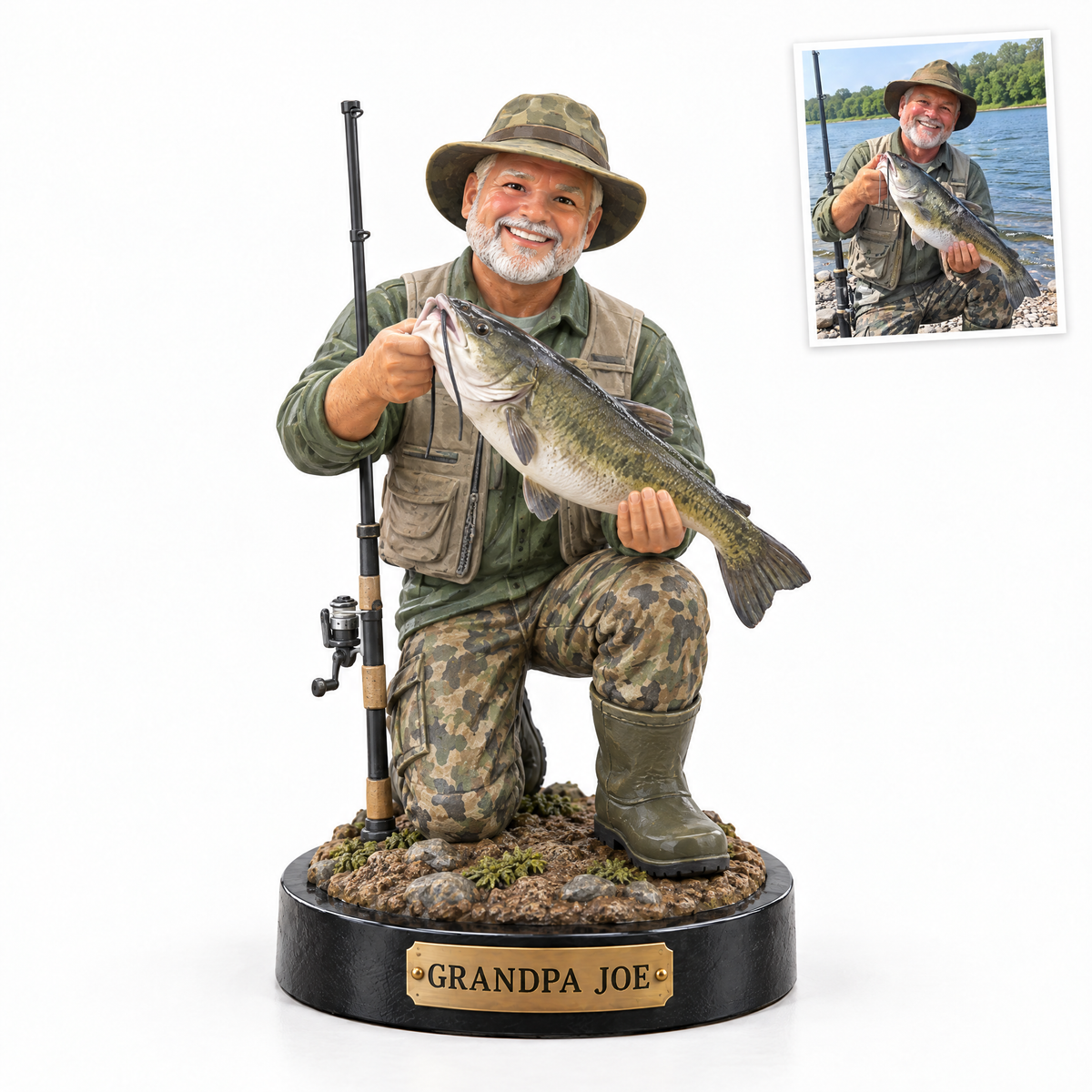 Grandpa figurine holding catfish, name plate GRANDPA JOE