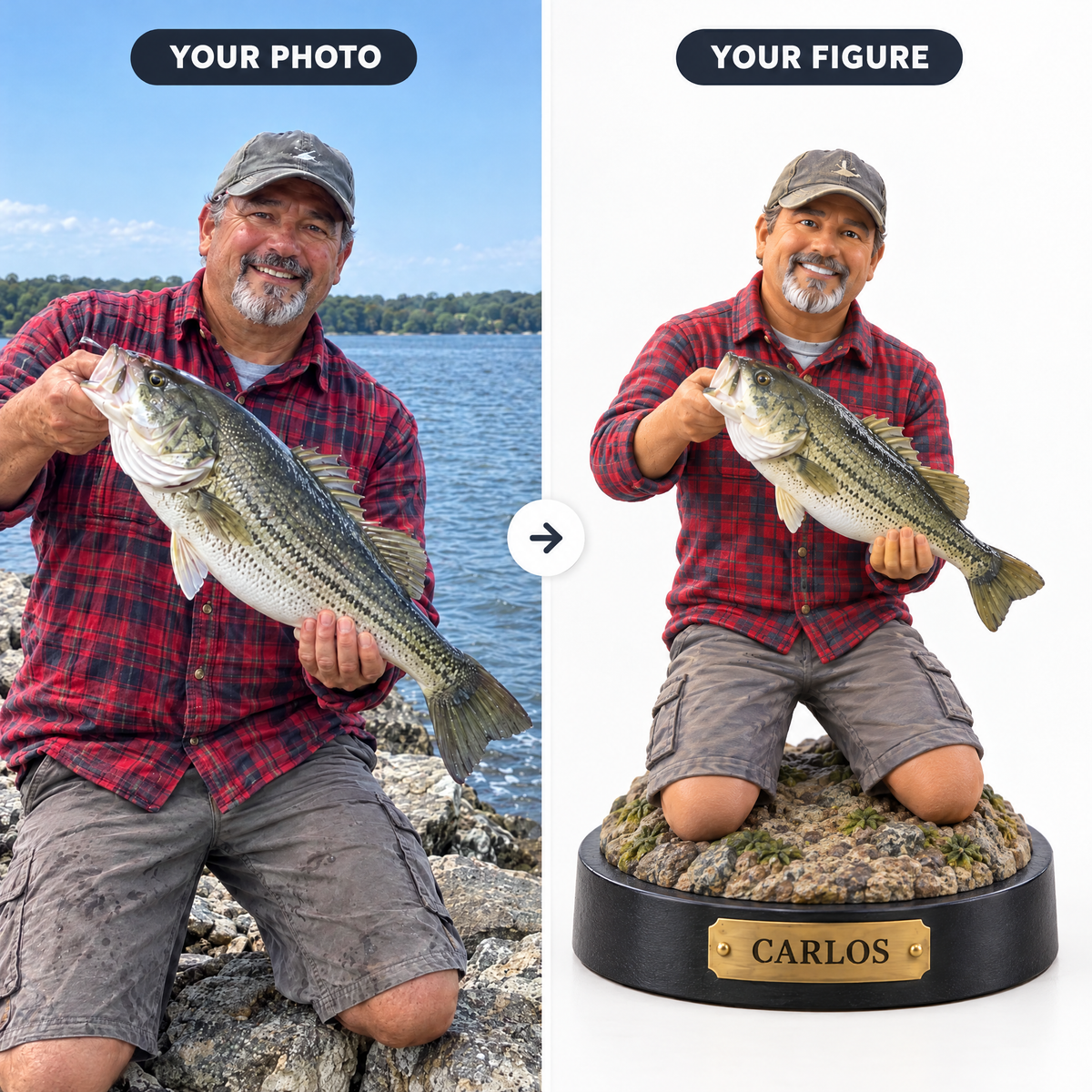 Customer photo vs finished figurine, name plate CARLOS