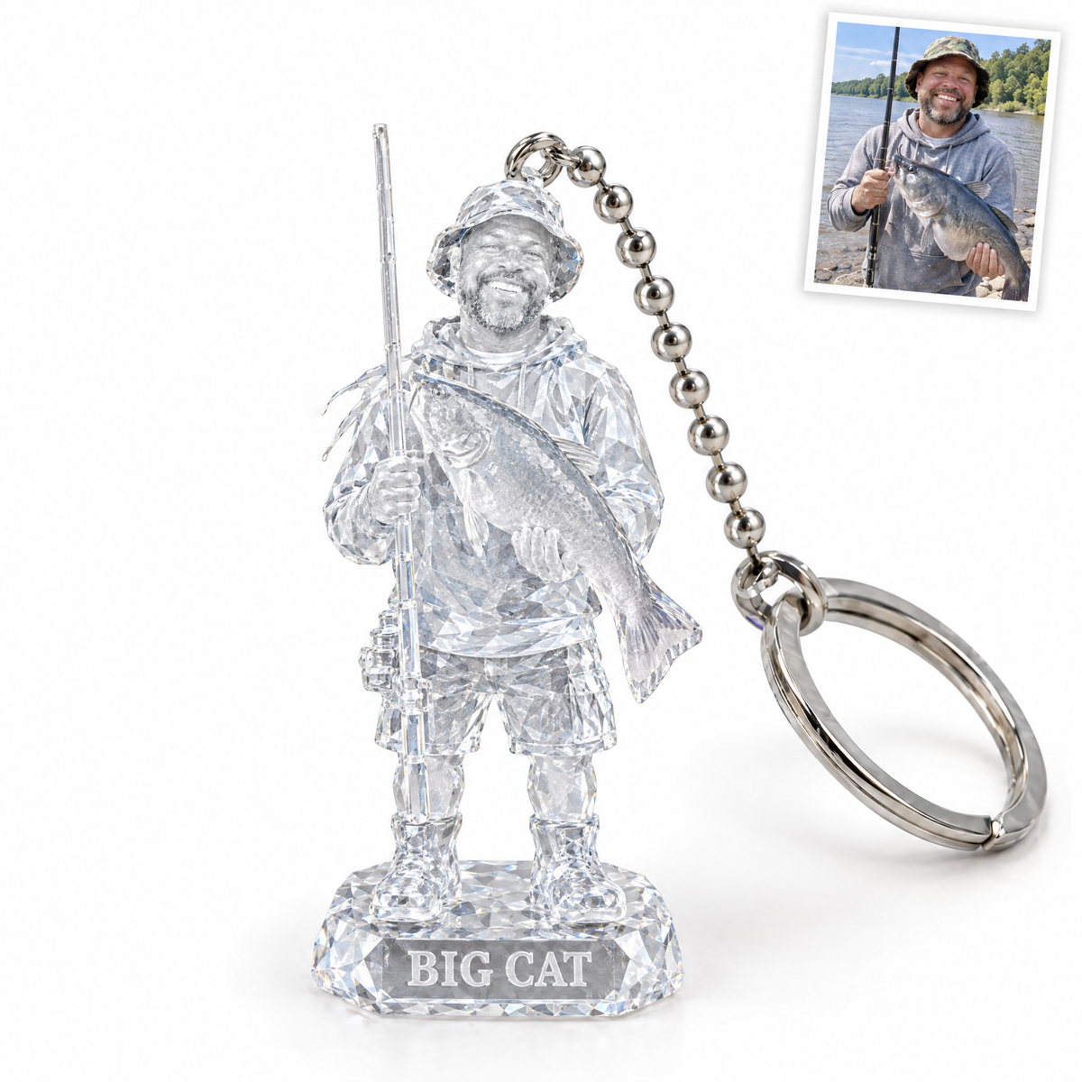Crystal keychain of bearded angler with blue catfish