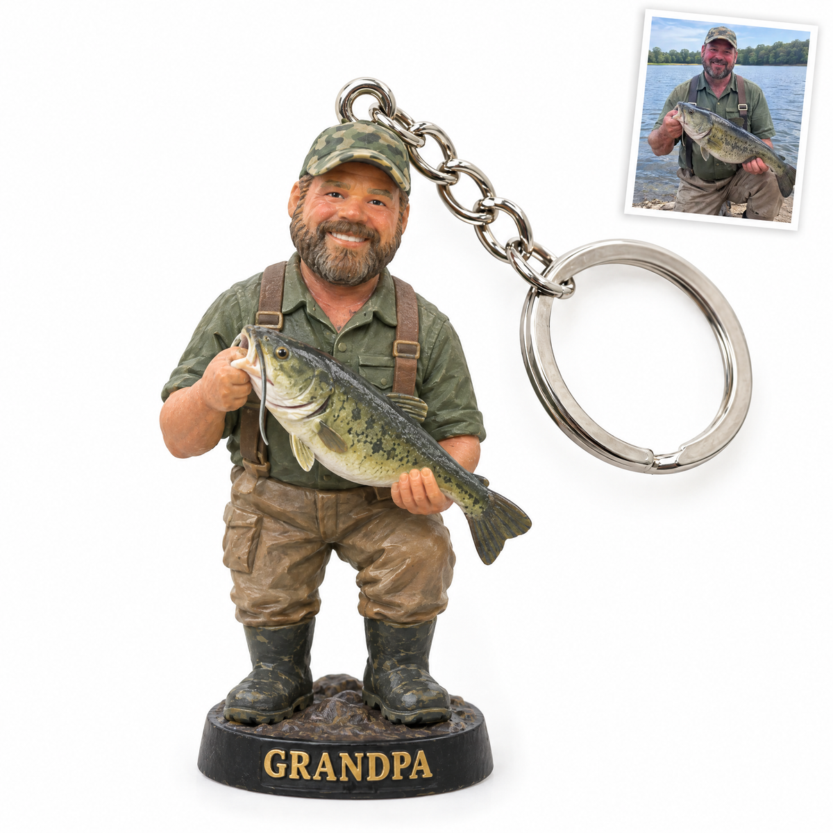 Figurine keychain of grandpa in suspenders with catfish