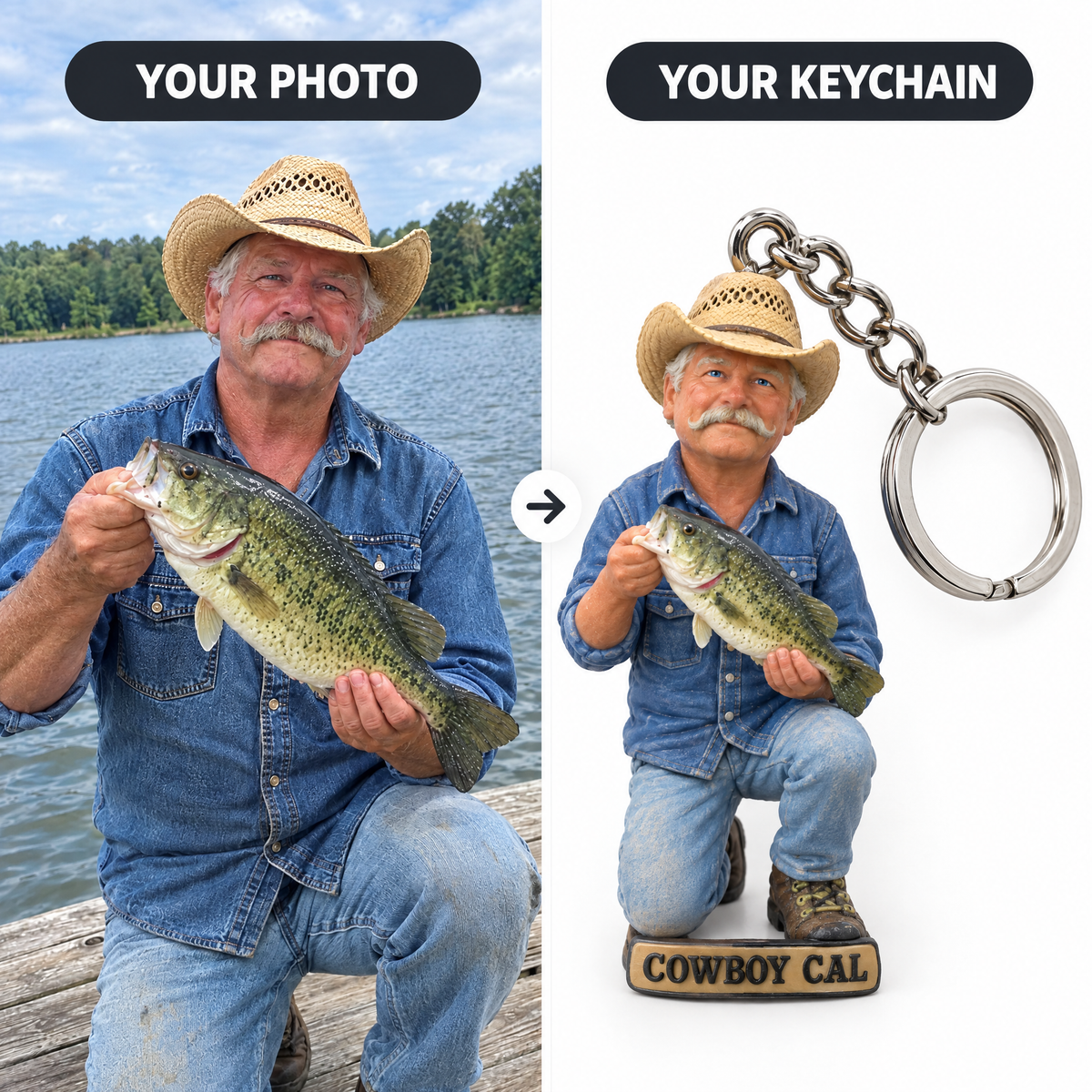 Bass fishing photo turned into 3D-printed figurine keychain