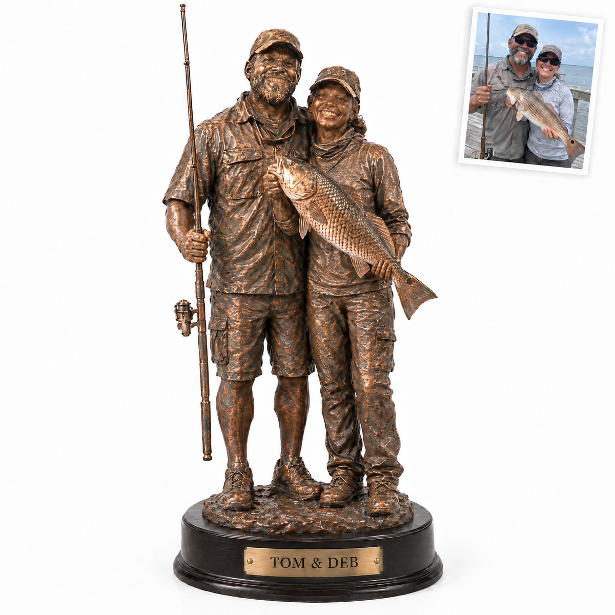 Copper statue of couple with redfish, TOM & DEB plate