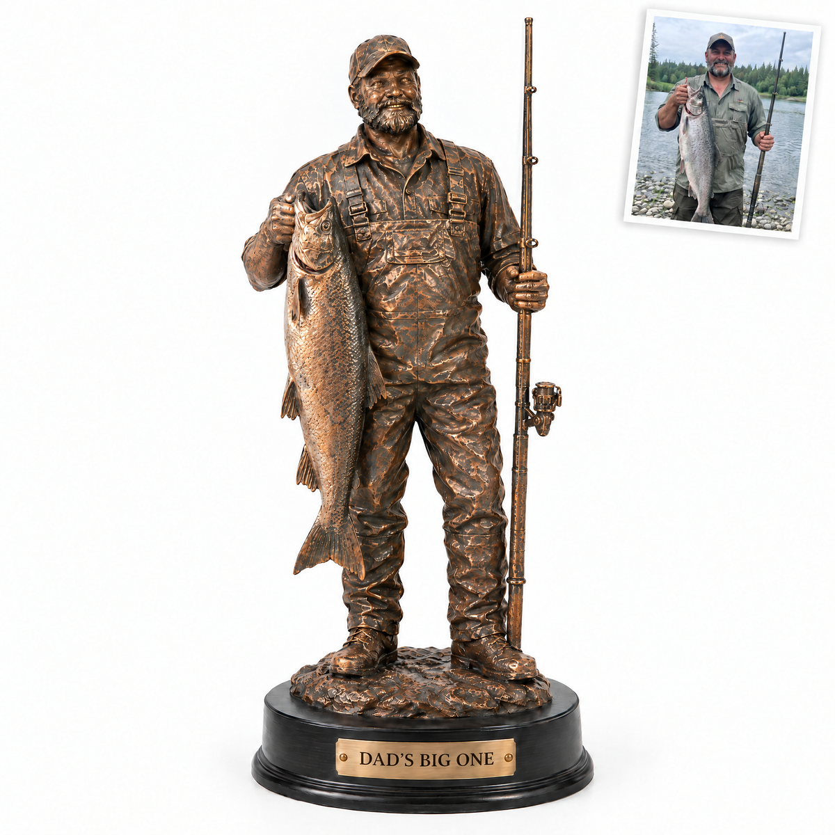 Copper-finish angler statue with king salmon and DAD'S BIG ONE plate