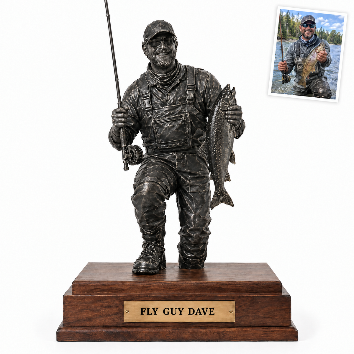 Black metal statue of fly fisherman with trout, FLY GUY DAVE plate