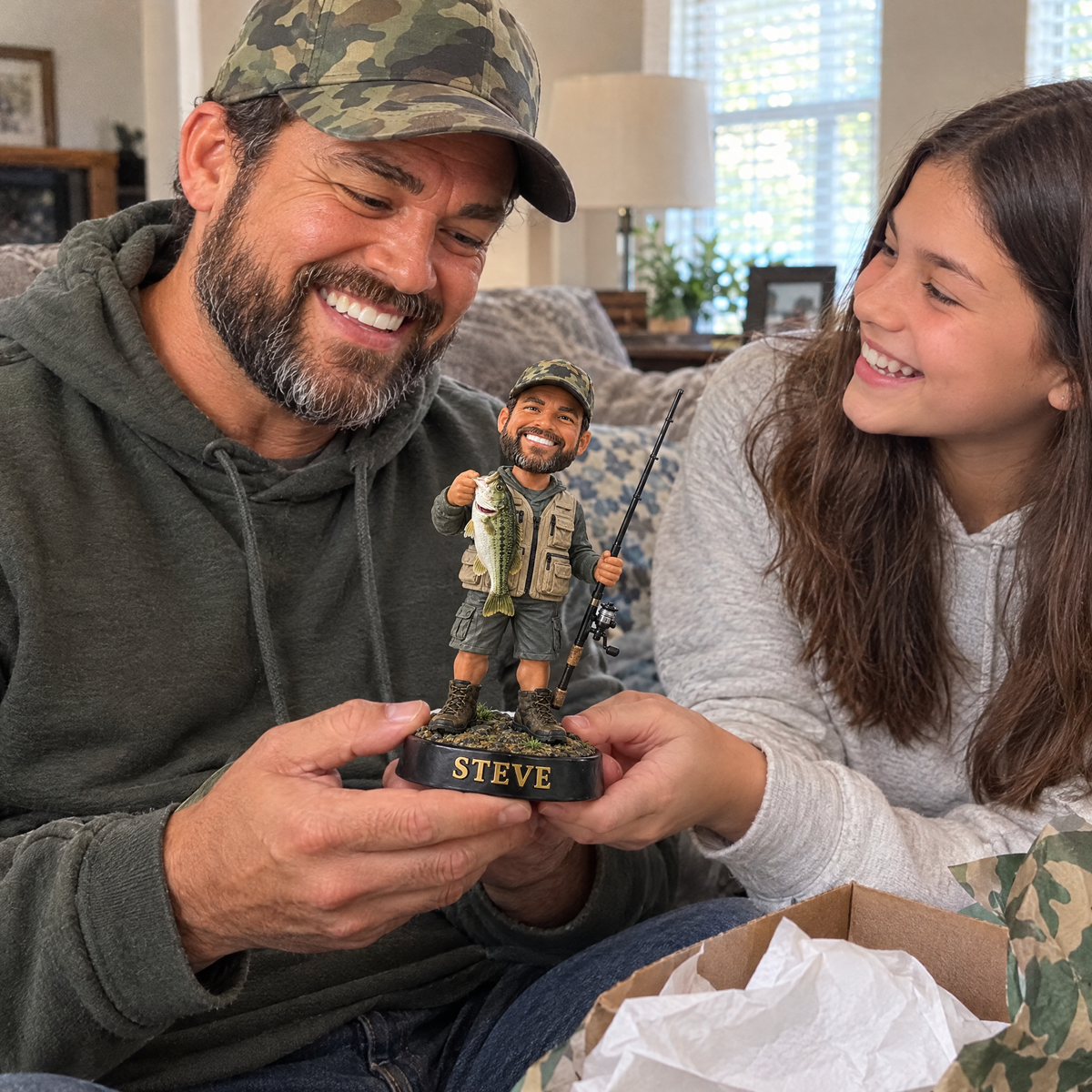 Daughter gives dad custom fishing figurine on Father's Day