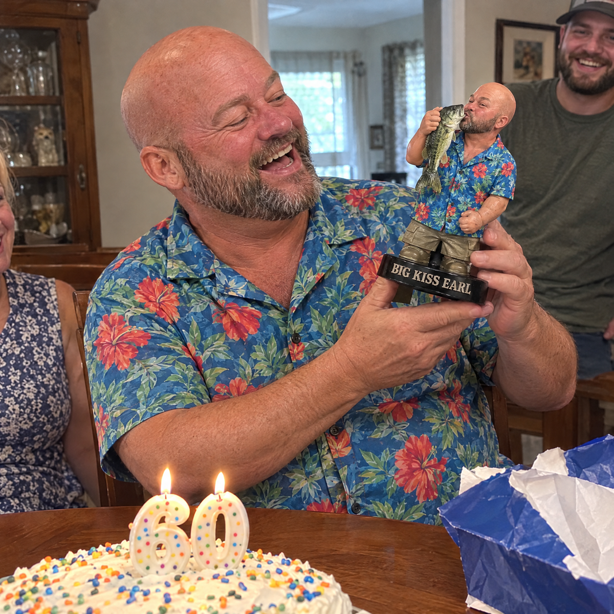 Dad laughs at funny fishing figurine on 60th birthday