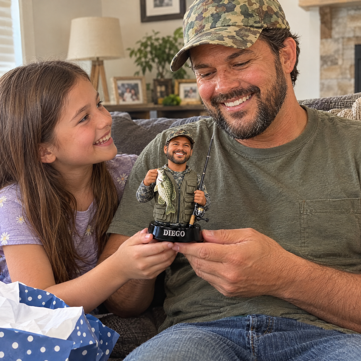Daughter gives dad fishing hobby figurine on Father's Day
