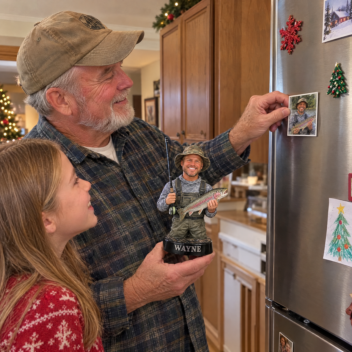 Grandpa sticks his trout photo magnet on the fridge at Christmas