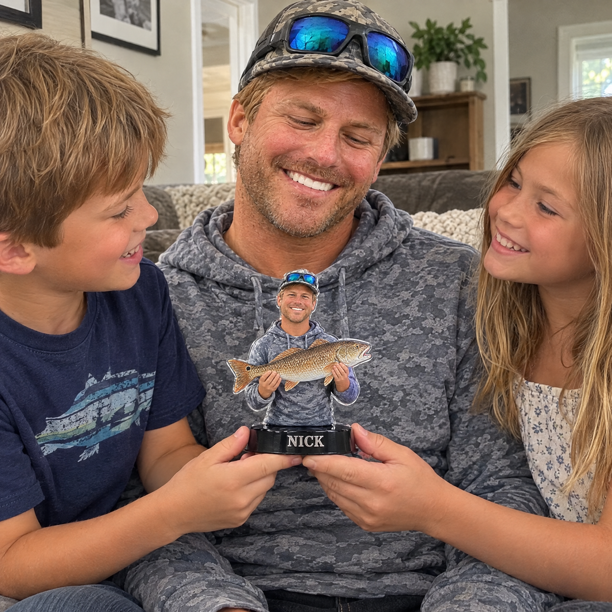 Kids give dad custom fishing car charm on Father's Day