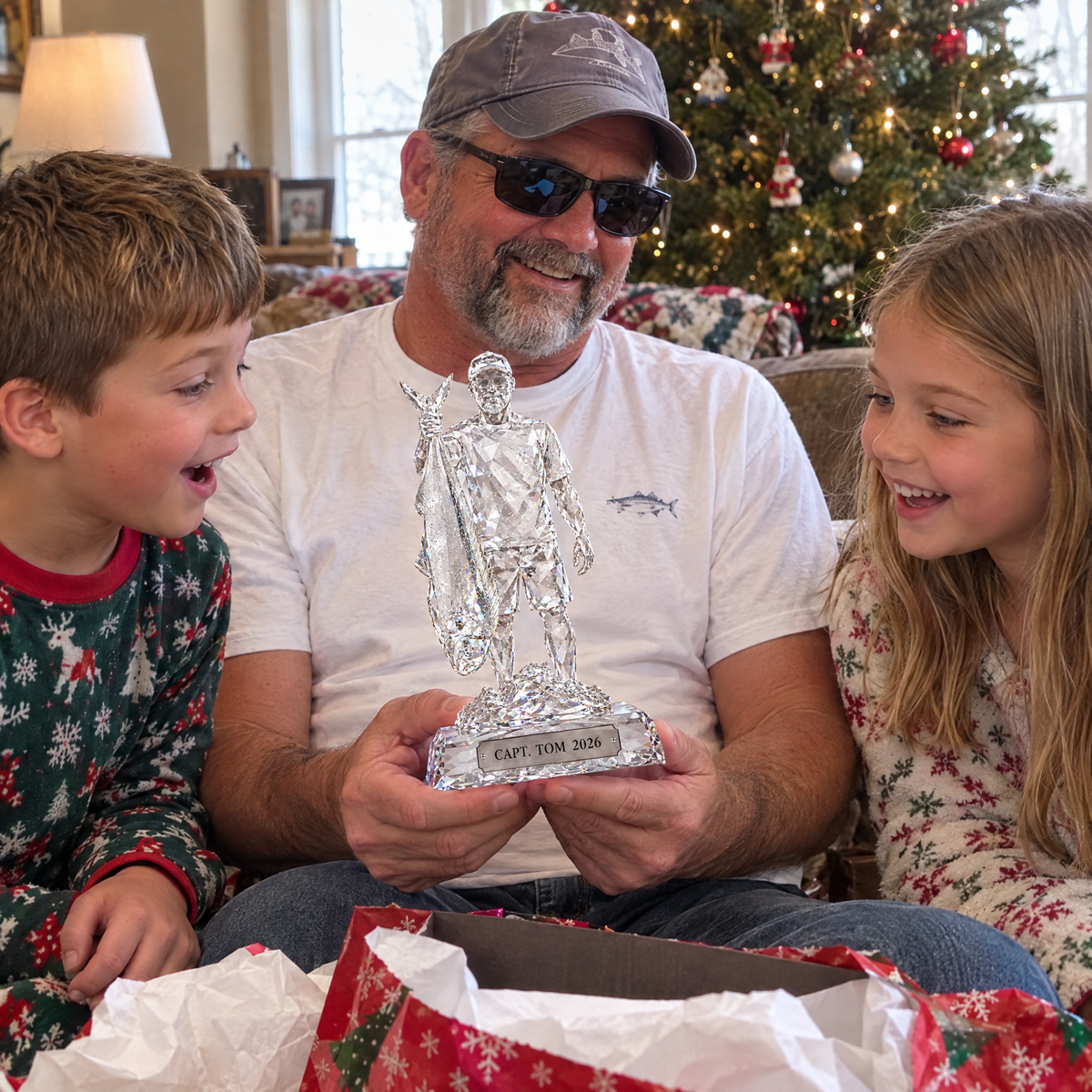 Grandpa shows crystal fishing statue to grandkids at Christmas